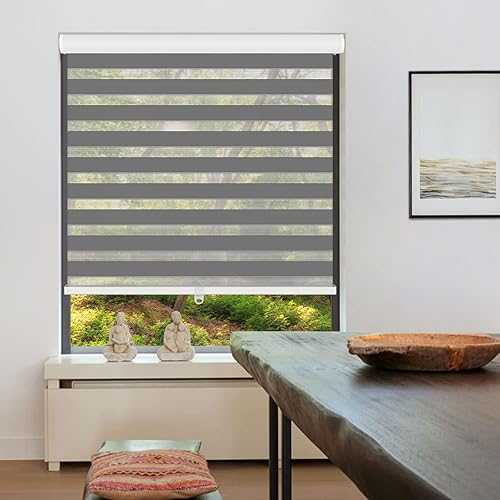 Miniatura 7 de LUCKUP Persianas enrollables sin cordones de cebra para ventana, de doble capa, con control de luz, cenefa y privacidad para día y noche, de