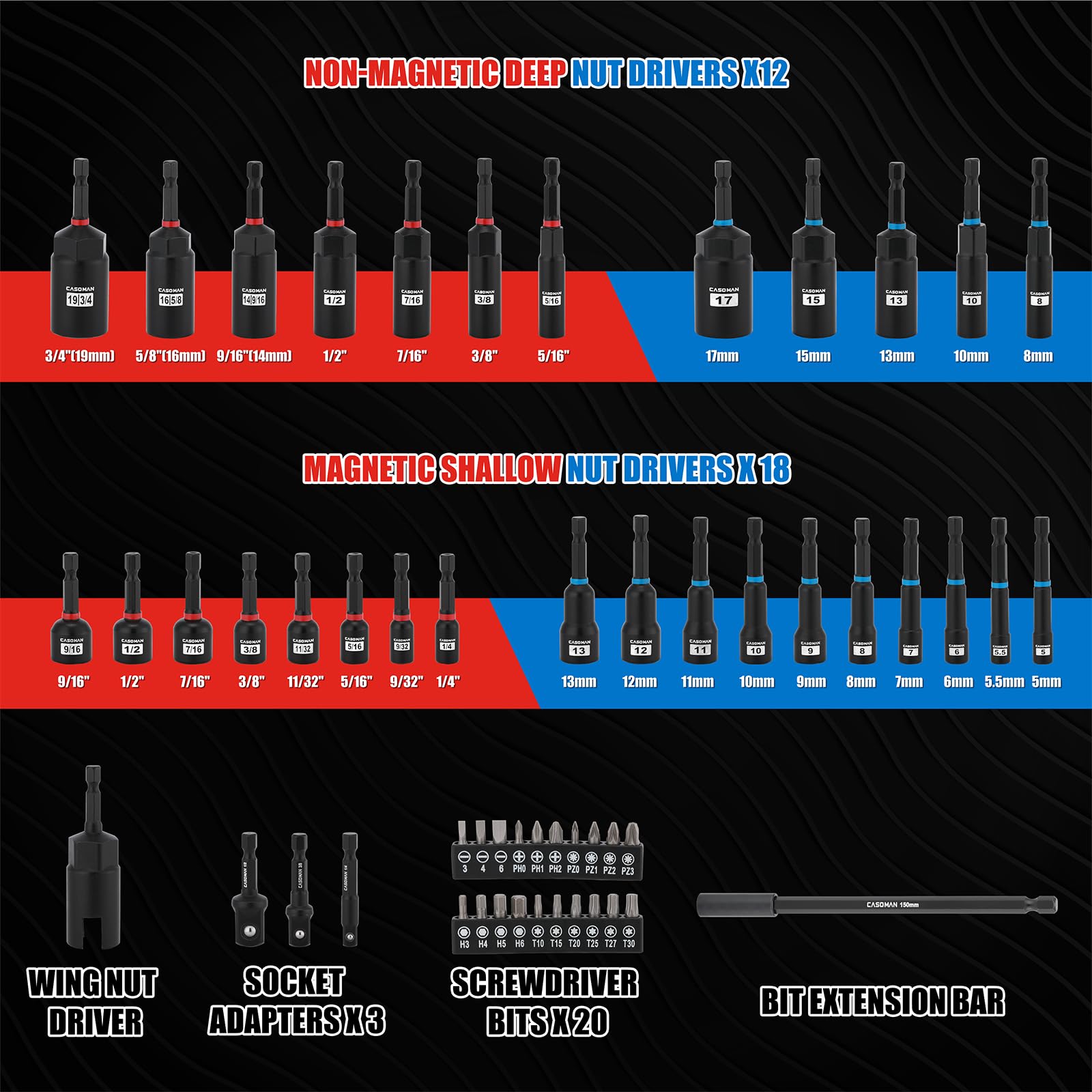 CASOMAN 55-Piece Magnetic Nut Driver Set for Impact Drill Deep & Shallow, Metric & SAE, Includes Screwdriver Bits - Image 2