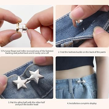 8 Sets Star Jeans Button Pant Waist Tighteners No Sewing Adjustable Waist Required Buttons Instant Removable Jean Buttons Metal Stars Jean Button Pins for Loose Jeans Pants Skirts Clothing Sleeves