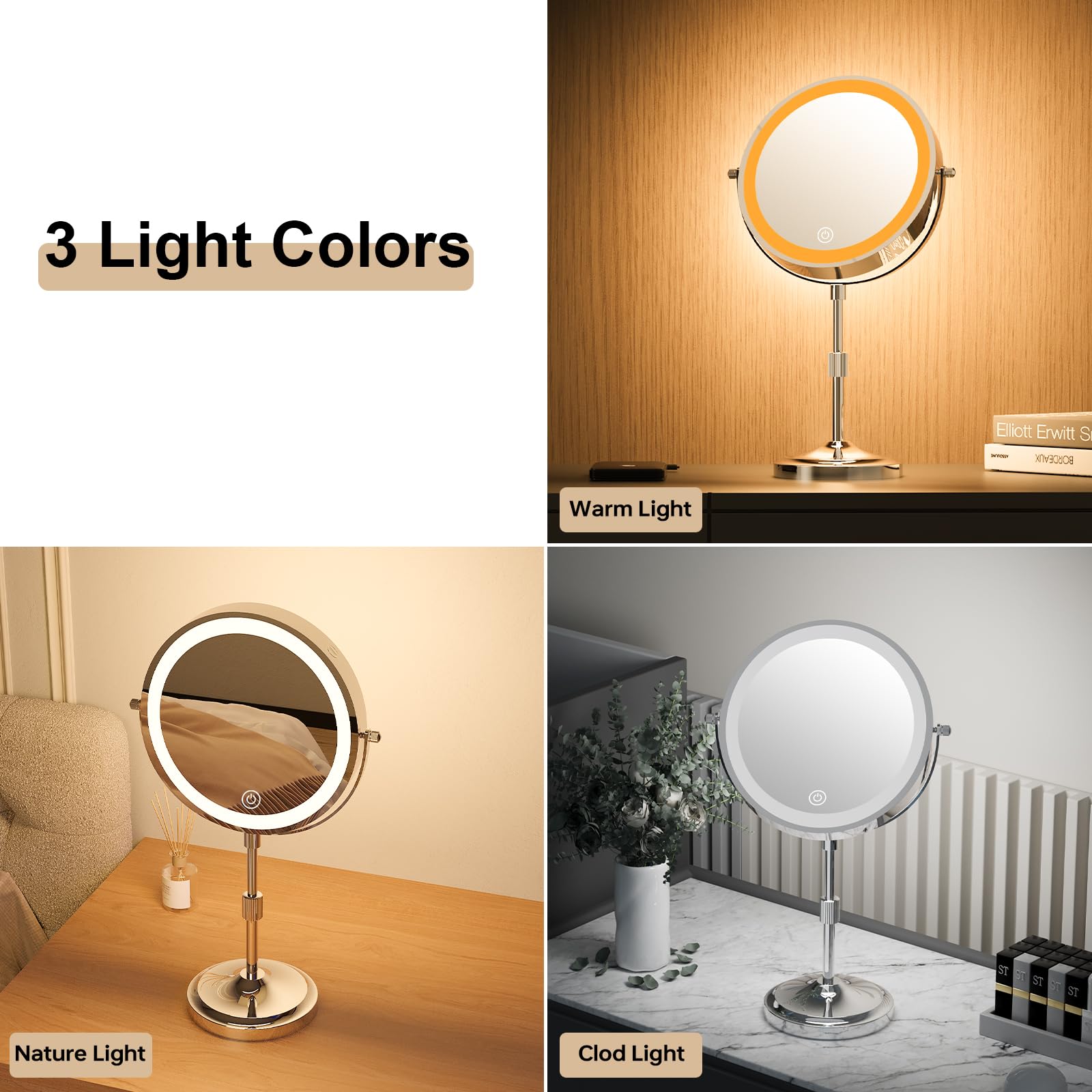 Espejo de aumento de 9 pulgadas con luces 20X, espejo de maquillaje iluminado ajustable con aumento, batería recargable de 5000 mAh, regulable, 3 colores de iluminación, cromado