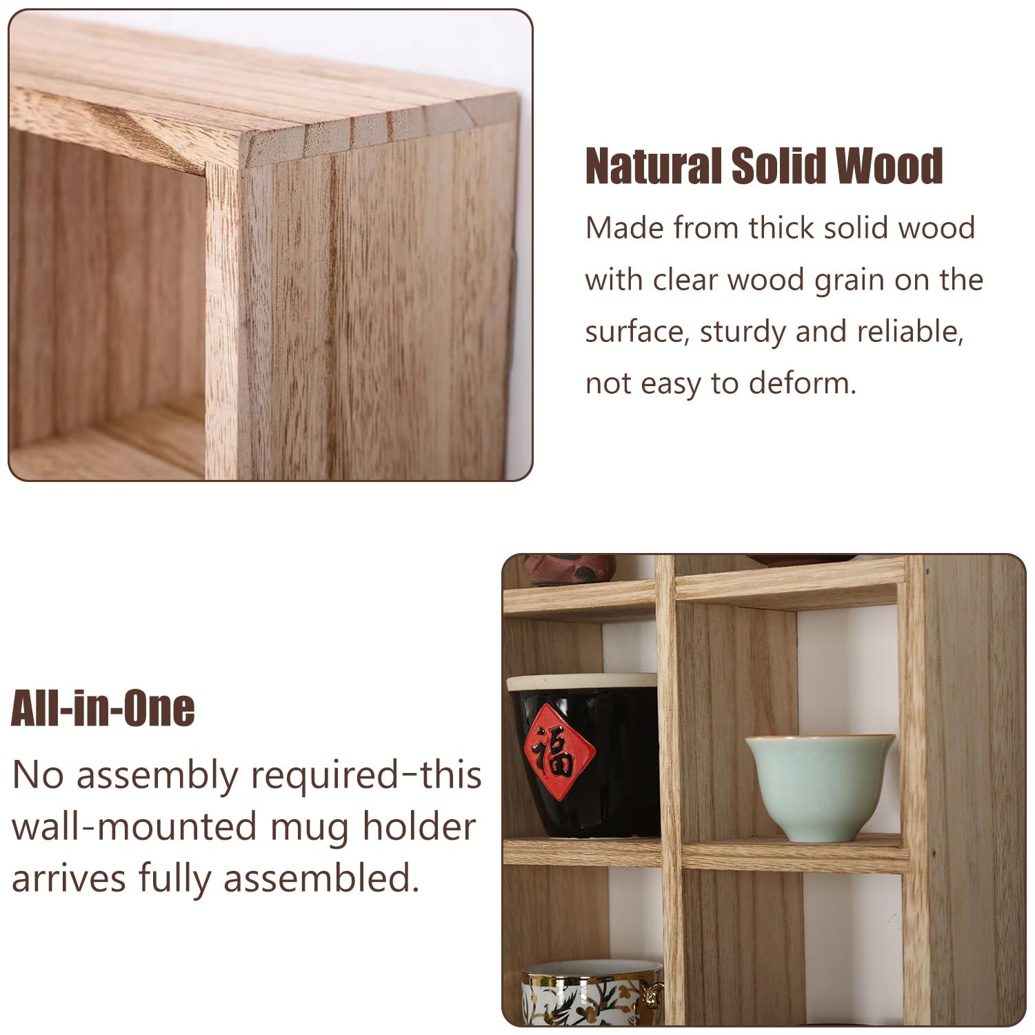 Estantes de pared de madera para tazas de café, soporte rústico para tazas de té, estante flotante para curiosidades que ahorra espacio para sala de estar o cafetería