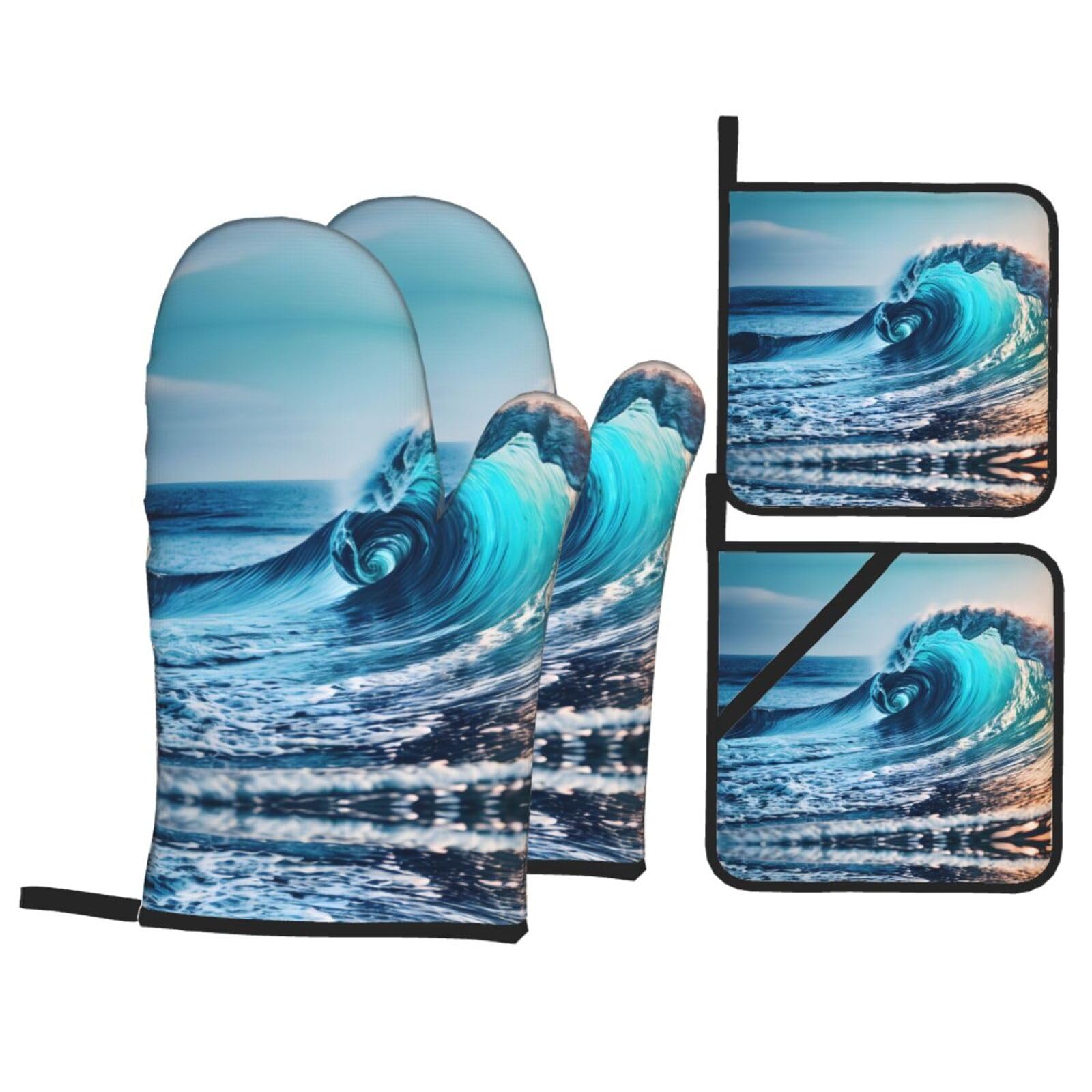 Ocean Sea Wave Print Oven Microwaving Waterproof Kitchen Gloves for Baking Grilling Holiday Cooking