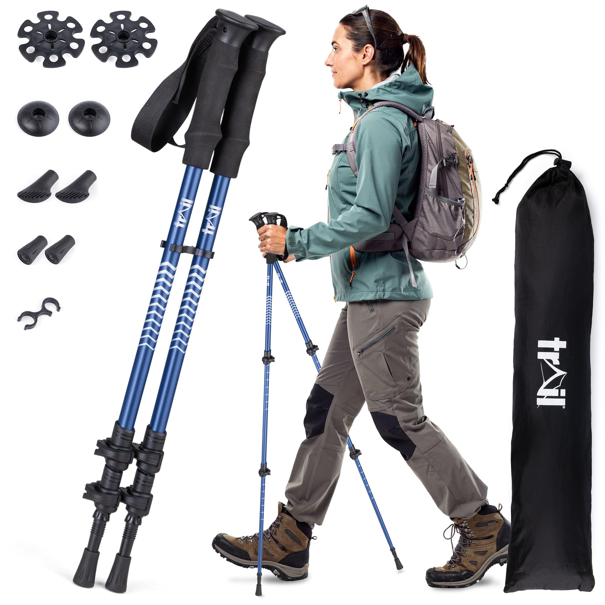 Trail Telescopic Walking Poles 2 Pack – Lightweight Aluminium, Adjustable Fliplock System, Trekking & Hiking Sticks, Steel Tips with Mud, Snow, Rubber & Boot Attachments for All-Terrain Use, 65–135cm