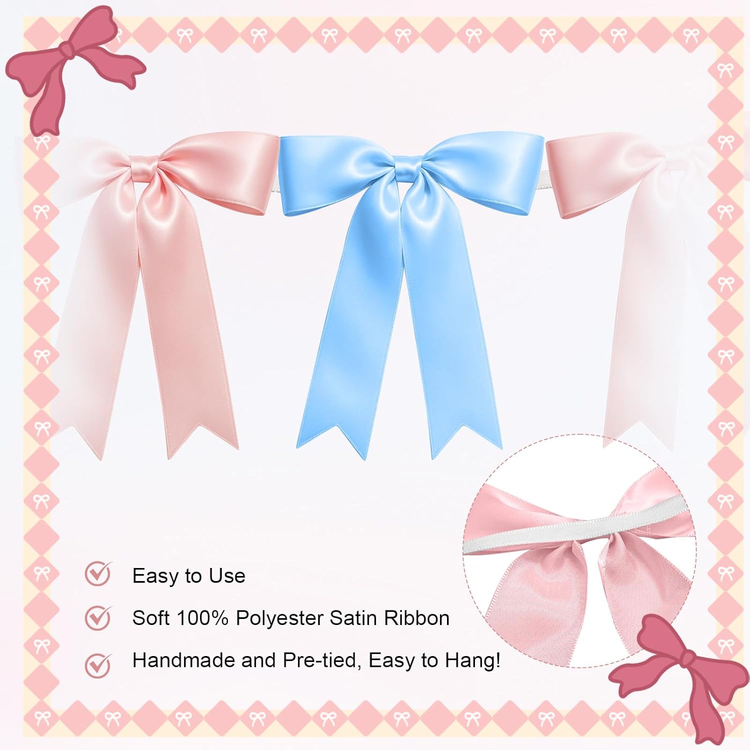 2 Strings of 16PCS Baby Pink&Baby Blue Bow Garlands Banner Decoration,Pre-Strung Satin Ribbon Ornaments for Gender Reveal Party,Baby Shower,Birthday,Bridal Shower,Graduation Decor,Anniversary,Wedding - Image 3