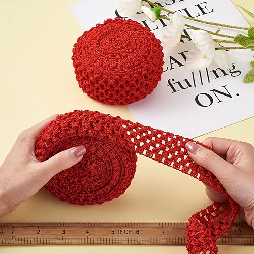 Miniatura 3 de KISSITTY 2 rollos de cintas elásticas de ganchillo de 10.93 yardas, de poliéster rojo, banda elástica de ganchillo plano para envolver regalos,