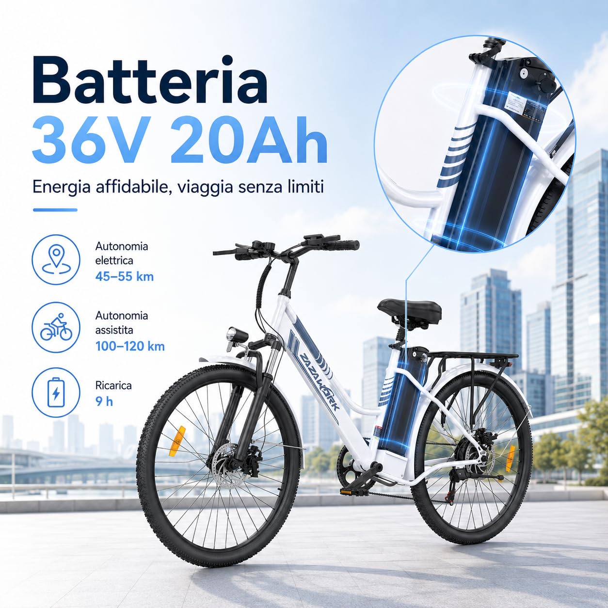 Bici Elettrica Uomo Donna 26 Pollici, E-Bike City con Motore 250W e Batteria 36V 20Ah, Autonomia 120km, Cambio 7 Velocità, Freni a Disco, Bicicletta Elettrica Economica