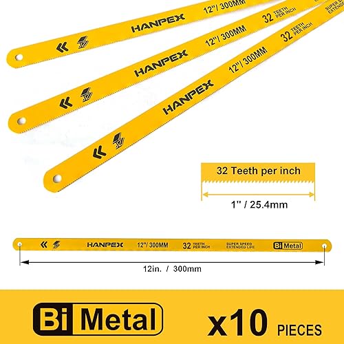 Miniatura 6 de Hojas de repuesto para sierra para metales (paquete de 10) de alta velocidad 32 TPI - Hoja de sierra de 12 pulgadas de longitud - Cuchillas de corte