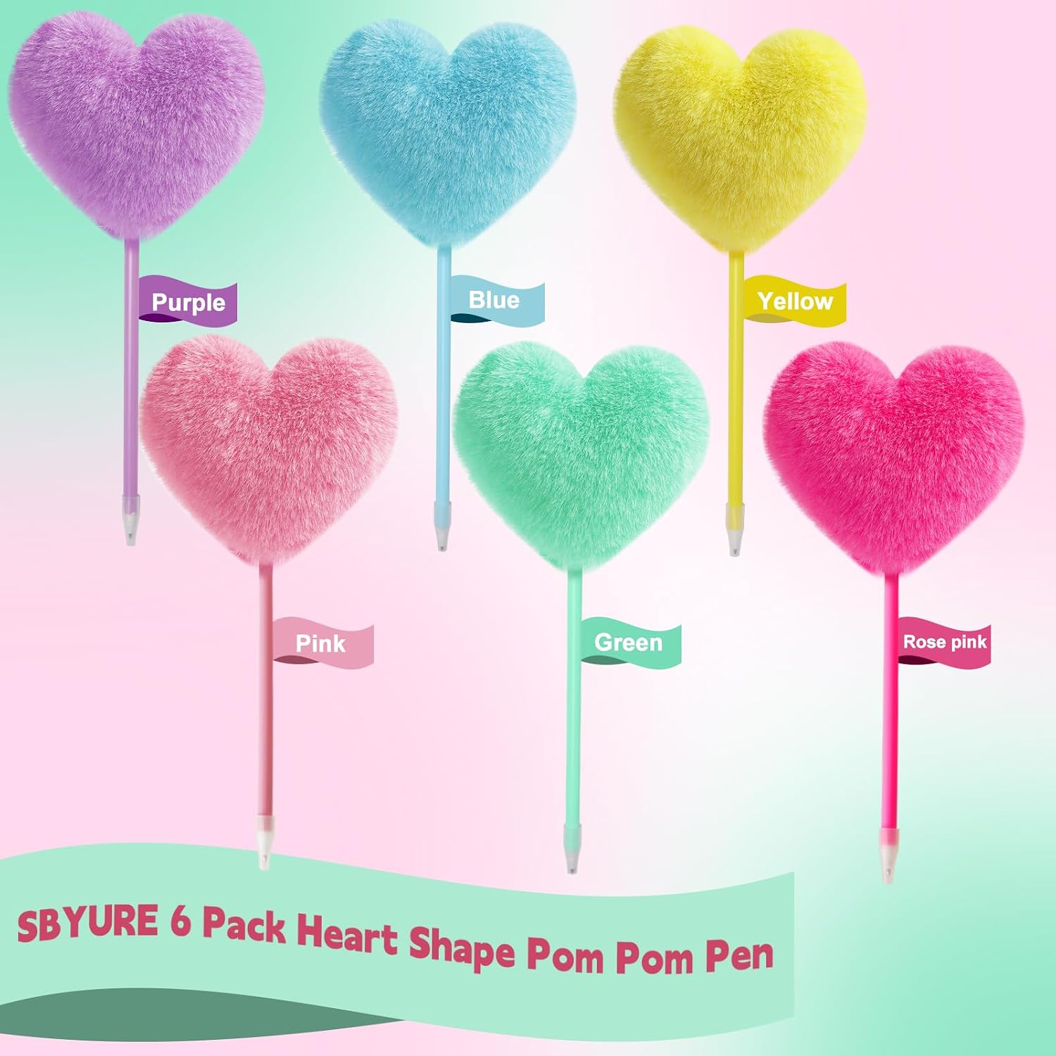 SBYURE Pom Pom Pen 6 Pack Heart Shape Fluffy Pen Fuzzy Pens for Girls Colorful Puffy Pens for Office and Party Supplies, 6 Colors image 3