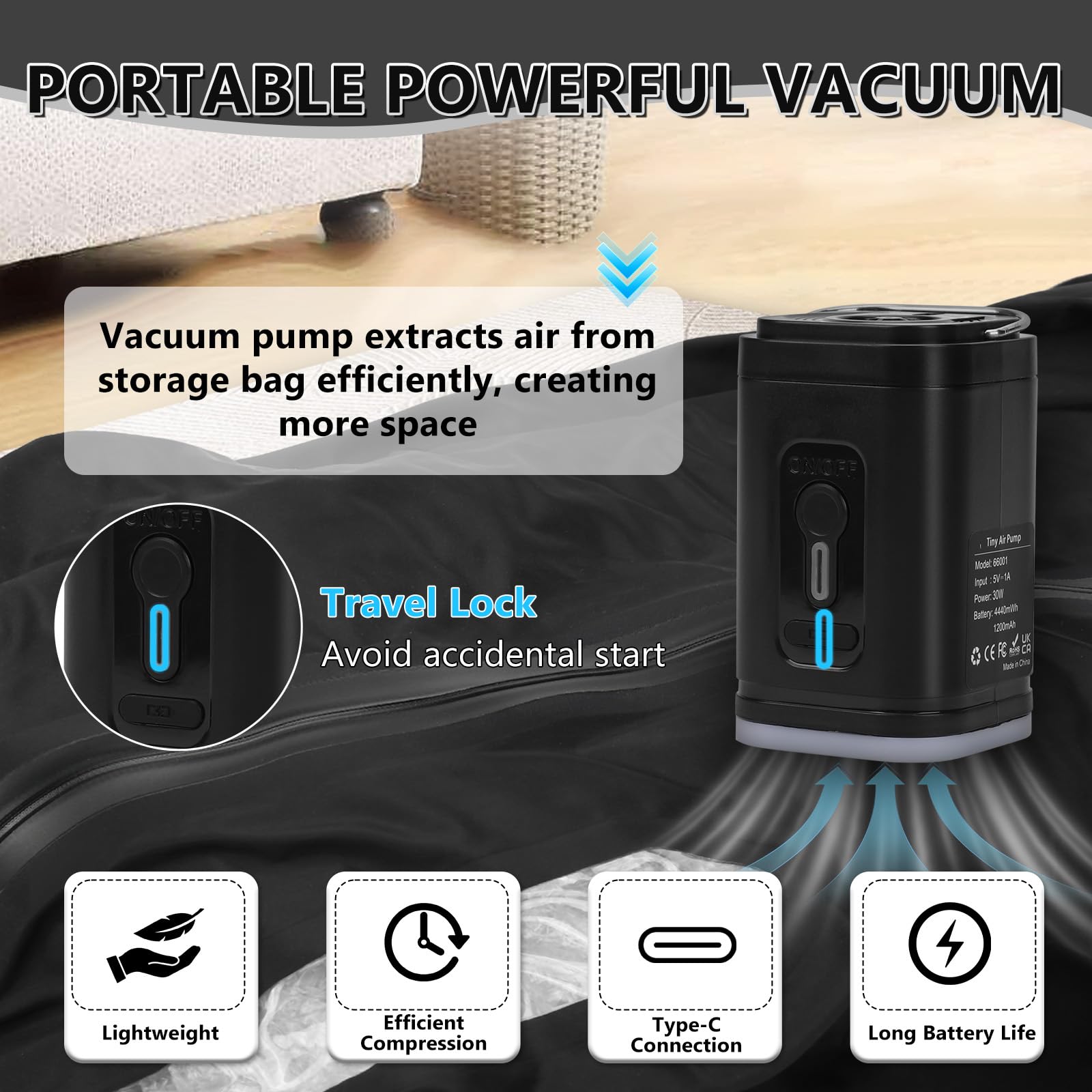 WingFly Bolsa al vacío para ropa de viaje con bomba inalámbrica, IP67 bolsa de compresión reutilizable para maleta y mochila, ahorra espacio, ligera y duradera (negro, 2 piezas + bomba)