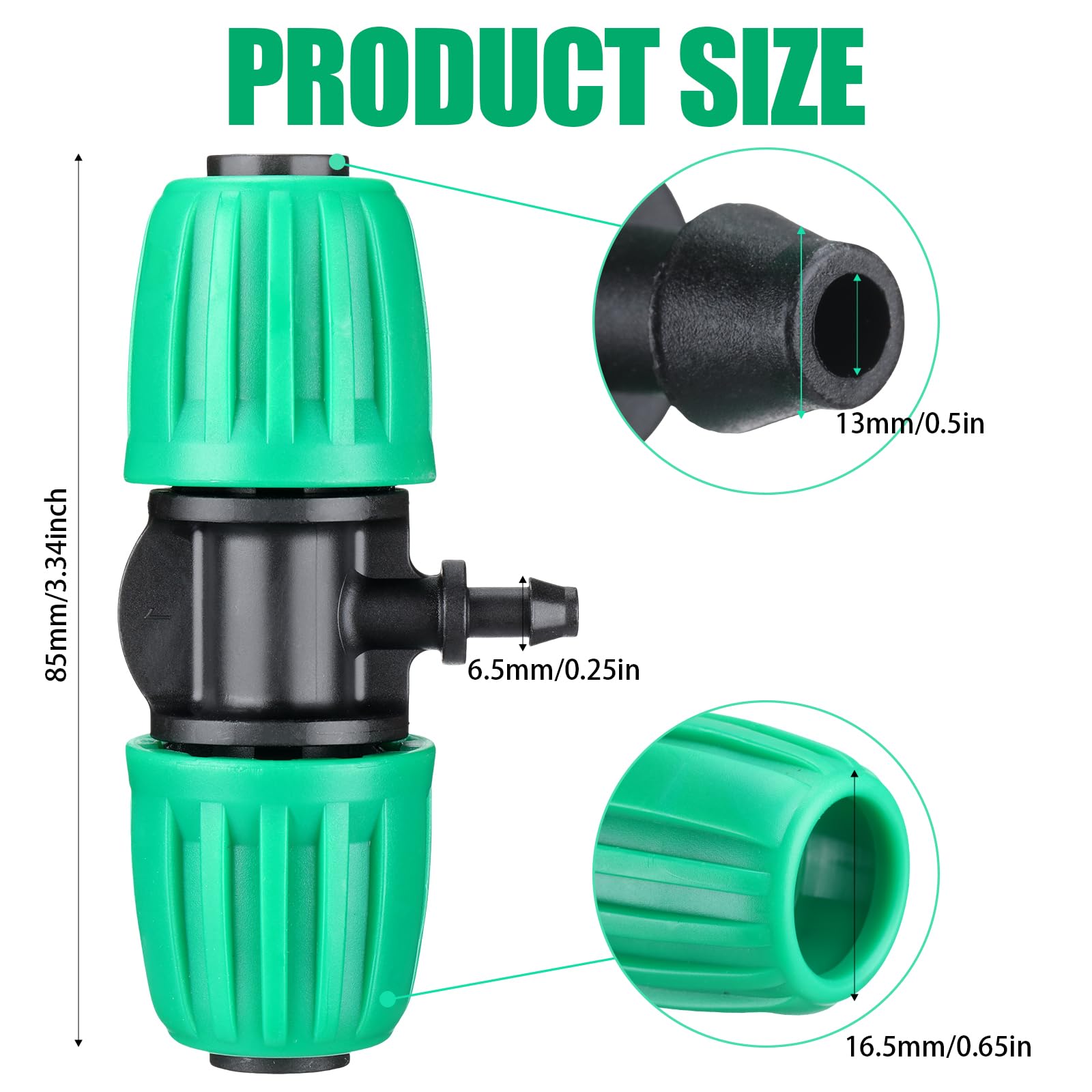 Frienda 40 tubos en T de púas de 1/2 pulgada (1/2 pulgada de diámetro interior x 0.6-0.63 pulgadas de diámetro exterior) de 16 mm a 1/4 pulgadas, accesorios de riego por goteo, piezas de riego por