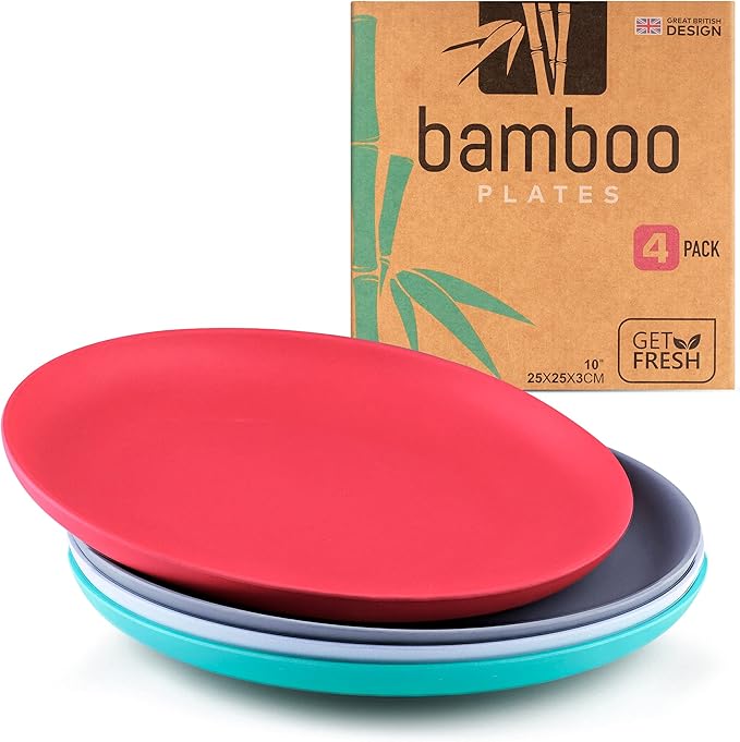 GET FRESH Bamboo Plates 4 Pack, Bamboo Dinnerware, Bamboo