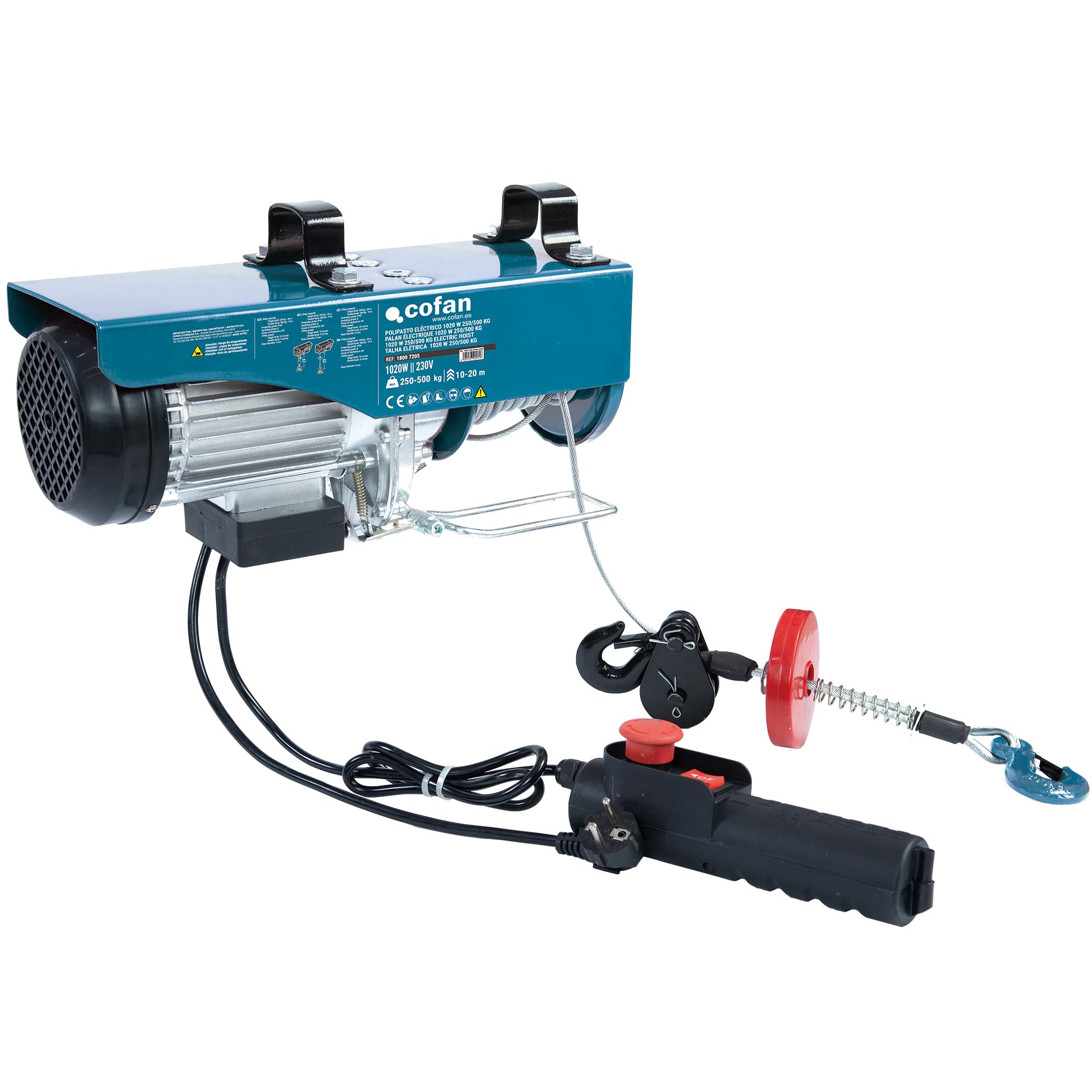 Cofan Polipasto eléctrico 1020 W | Capacidad de carga: 250/500 kg | Altura de elevación: 10/20 m | Parada de emergencia | Incluye mando | Protección IP54