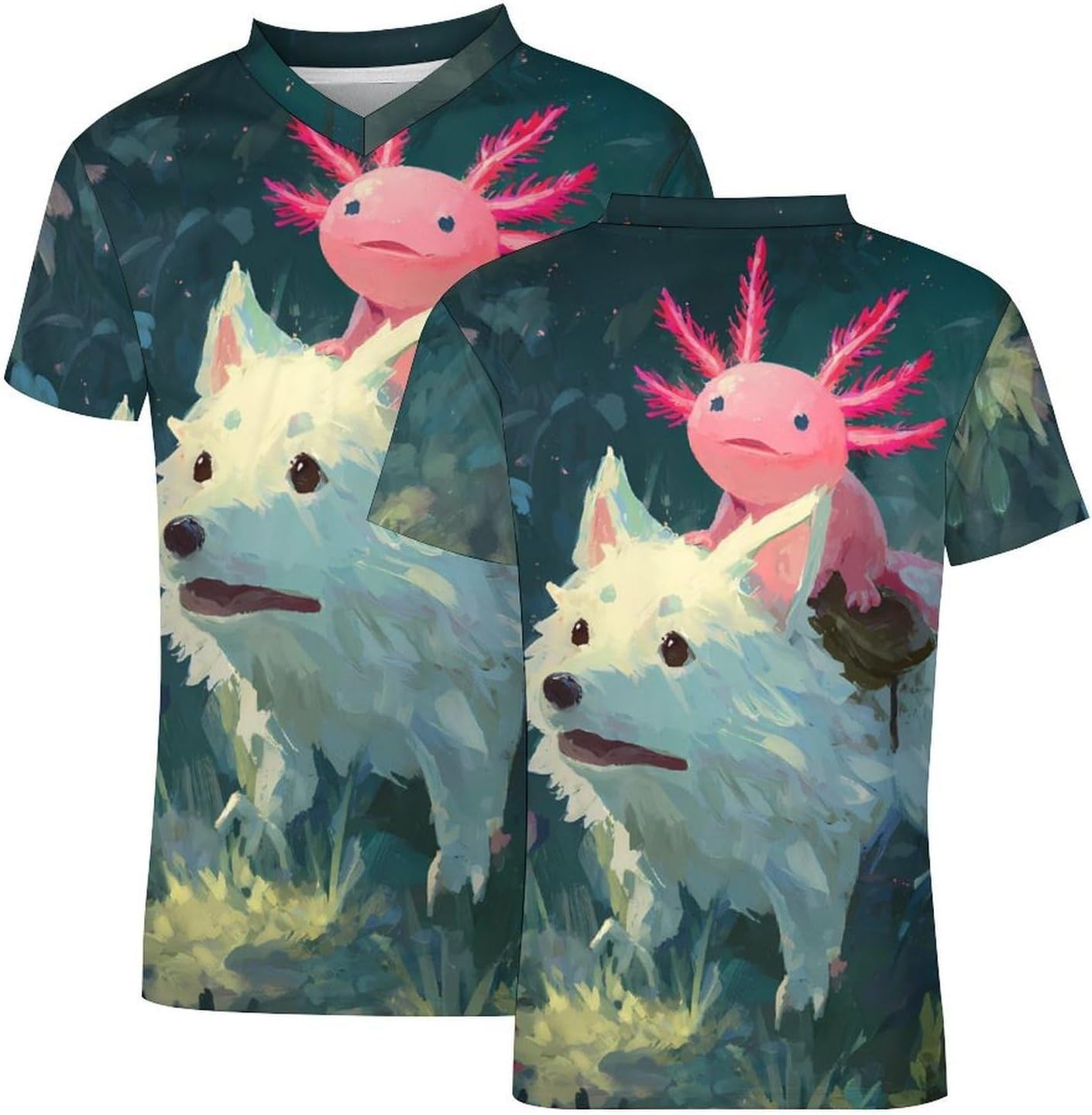 Axolotl Riding Wolf Personalized Soccer Jersey Mens T-Shirts Sports Tops | Breathable Mesh Football Fan Custom Uniform Summer Short Sleeve V-neck