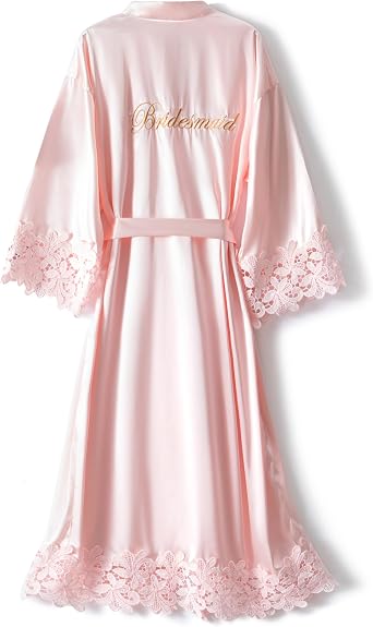 Crystal Dew Womens Lace Trim Long Bridal Kimono Robes With Embroidery Bride Bridesmaid Satin Bathrobe Wedding Gifts