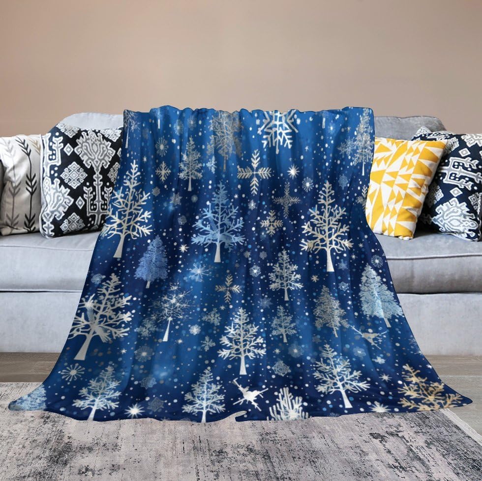 Miniatura 6 de Manta azul con diseño de árboles de Navidad y copos de nieve, diseño de copos de nieve, 30 x 40 pulgadas, manta de franela cálida para sofá, cama,