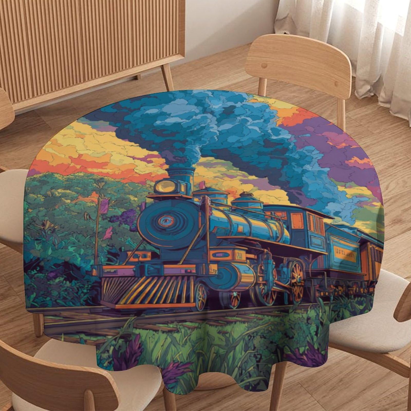 LUYYSKY Retro Classic Antique Train Waterproof Round Tablecloth Rustic Oil Painting Sunset Forest Steampunk Steam Train Washable Table Cover for Kitchen-177.8" Wx177.8 L cm
