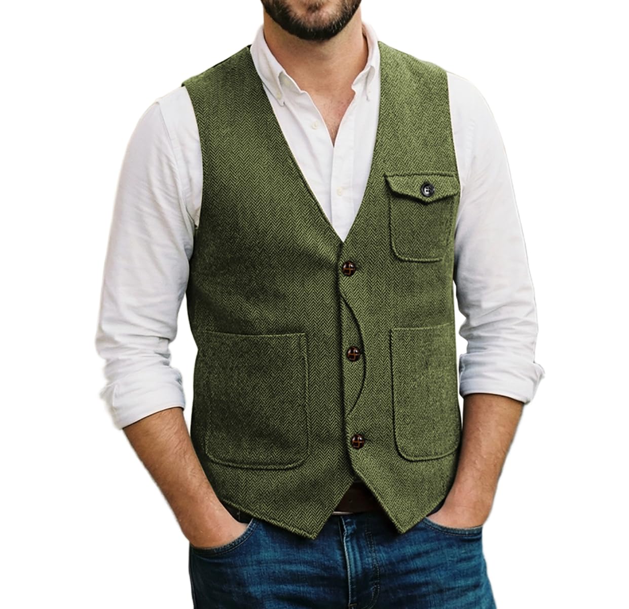 Solovedress Mens Vintage Wool 3 Real Pockets Suit Vest V Neck Tweed Waistcoat for Wedding Groomsmen(Green,XXXL)