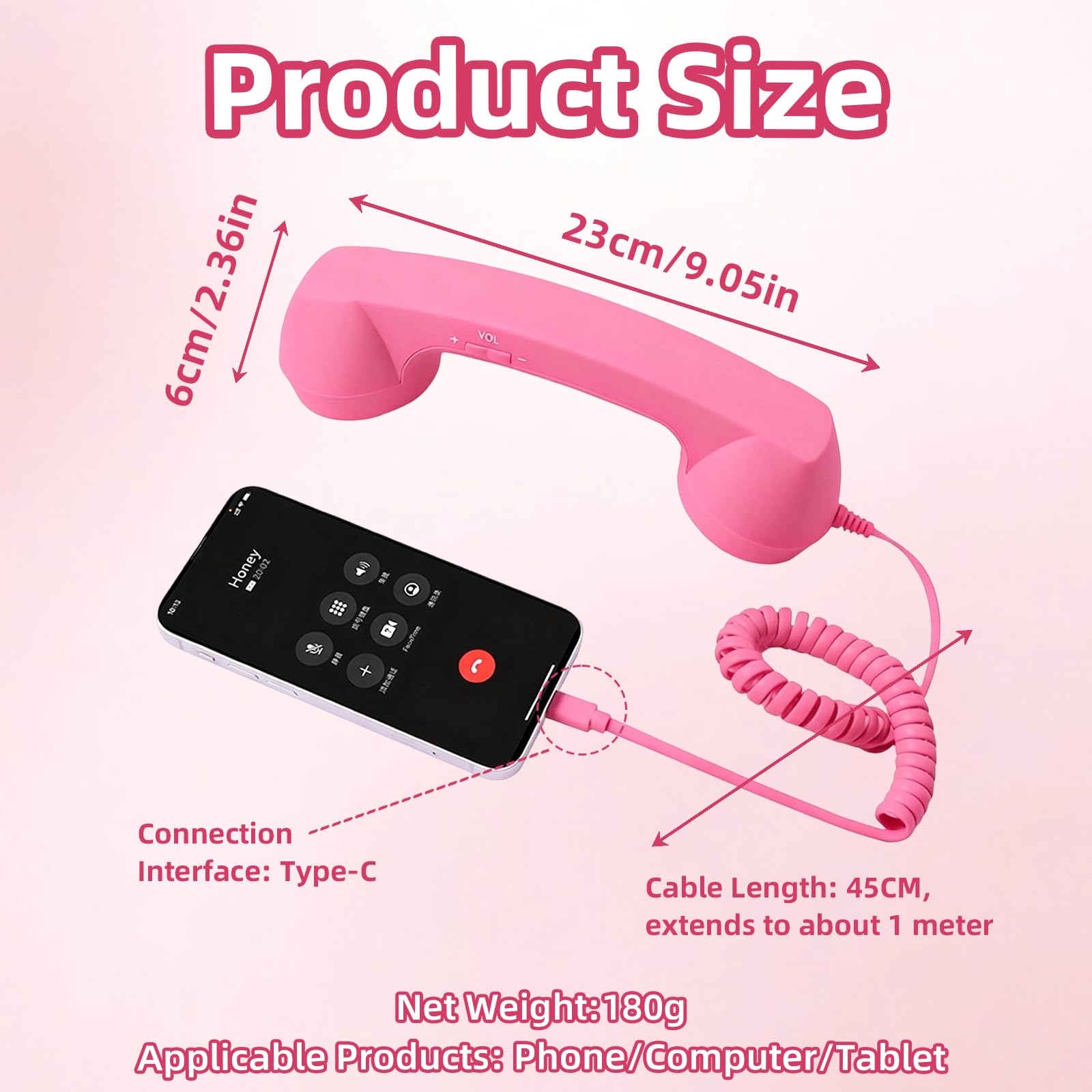 Retro Phone Handset for iPhone & Android, 2026 New Type-C Wired Receiver with Microphone & Speaker, Vintage Landline Style Handle for Noise Cancelling Calls, Meetings, and Home Office Desk Use (Pink) - 2