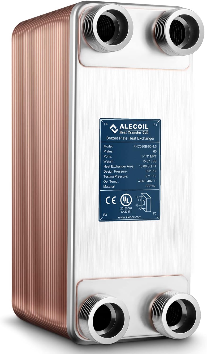 Alecoil 5x12" 60 Plates Heat Exchanger with 1-1/4" MPT Port Water to Water 316L Stainless Steel Brazed Plate Heat Exchanger for Water Heating, Floor Heating, Commercial and Industrial Refrigeration