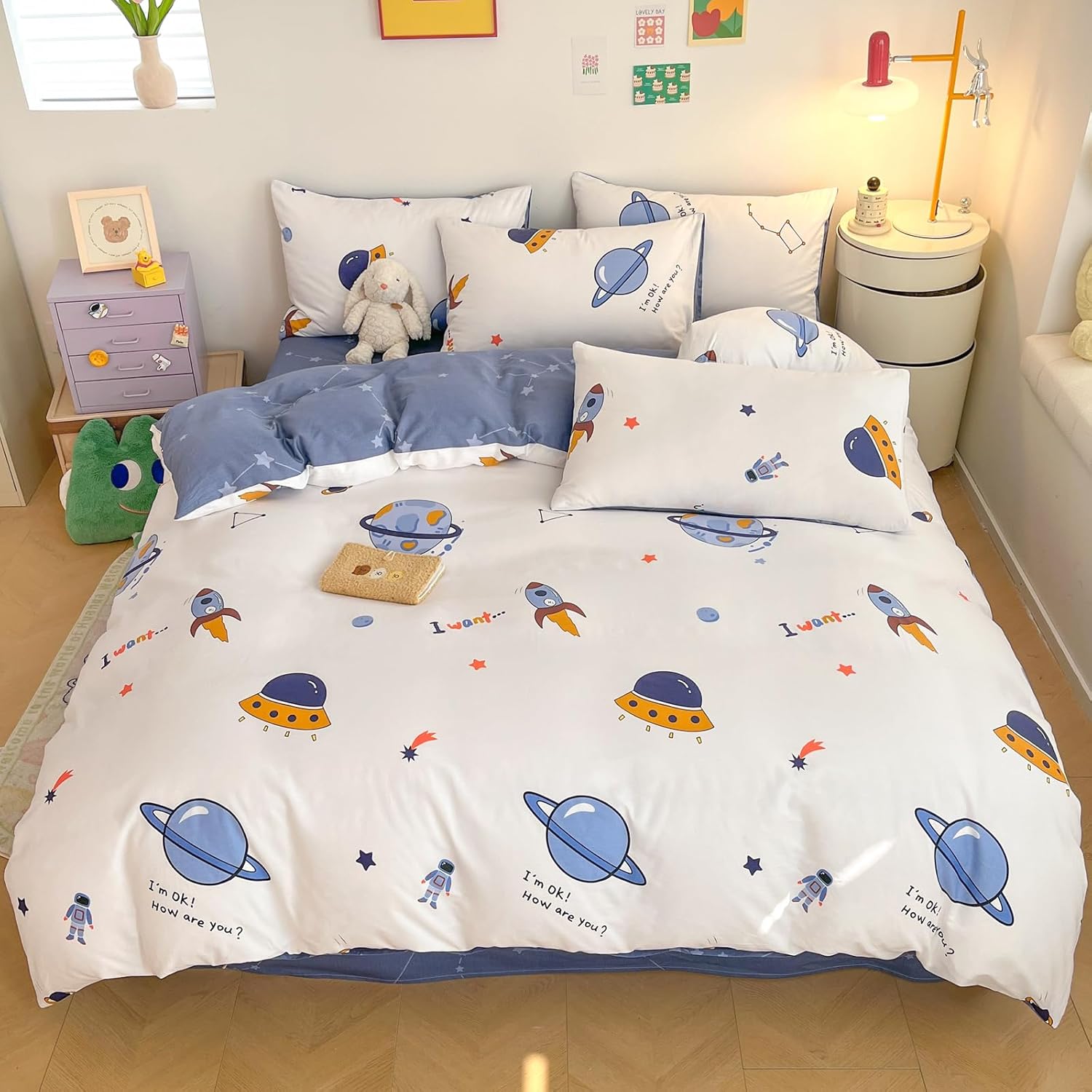 LIWHENHAO Rocket Duvet Cover Set Twin 100% Cotton Bedding Cartoon Astronaut Galaxy Universe Print on White 1 Space Star Comforter Cover Zipper Closure 2 Pillowcases for Kids Girls Boys