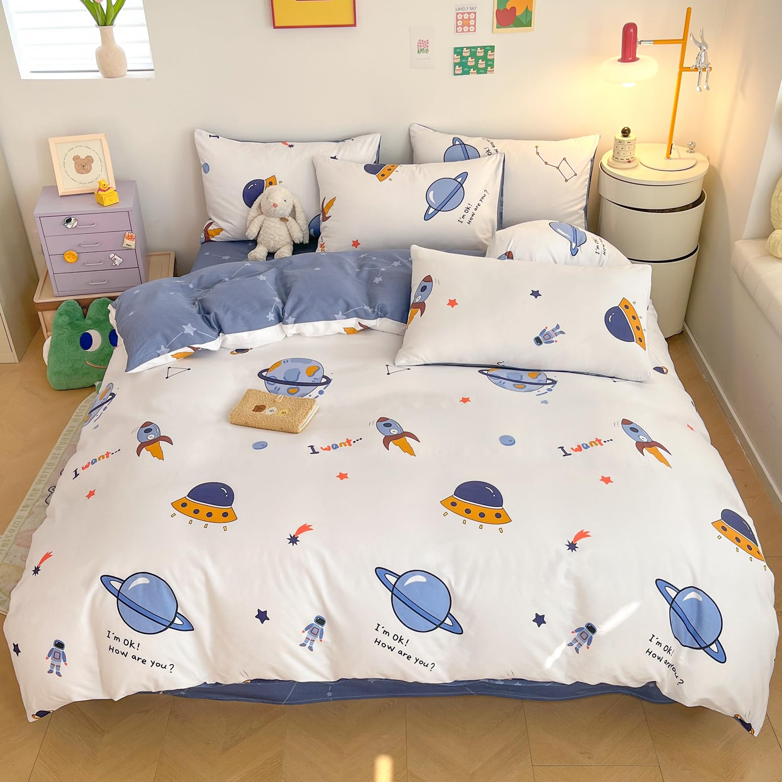 LIWHENHAO Rocket Duvet Cover Set Twin 100% Cotton Bedding Cartoon Astronaut Galaxy Universe Print on White 1 Space Star Comforter Cover Zipper Closure 2 Pillowcases for Kids Girls Boys