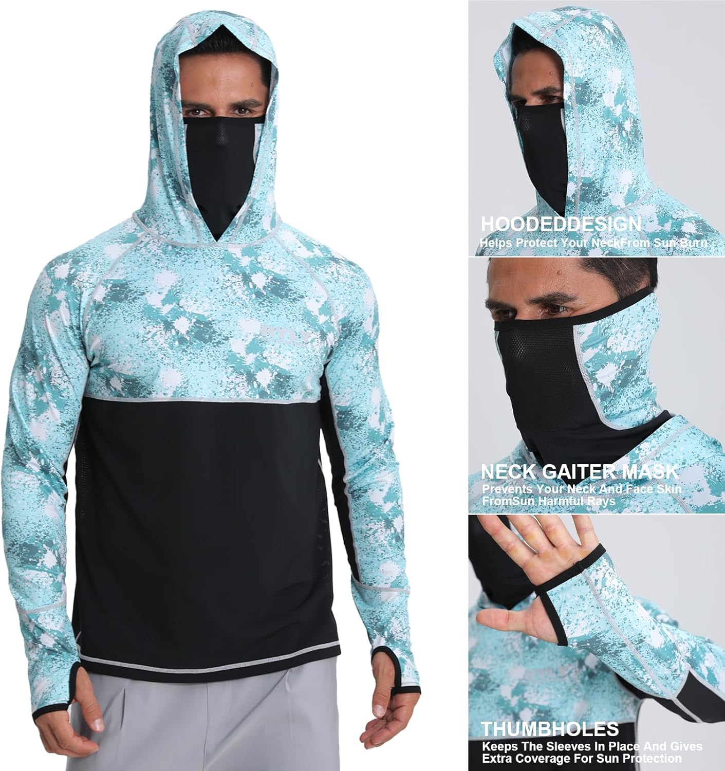 Men's Performance Fishing Shirts,Sun Protection Hoodie Long Sleeve UPF 50+ Hiking Shirt with Mask Cap