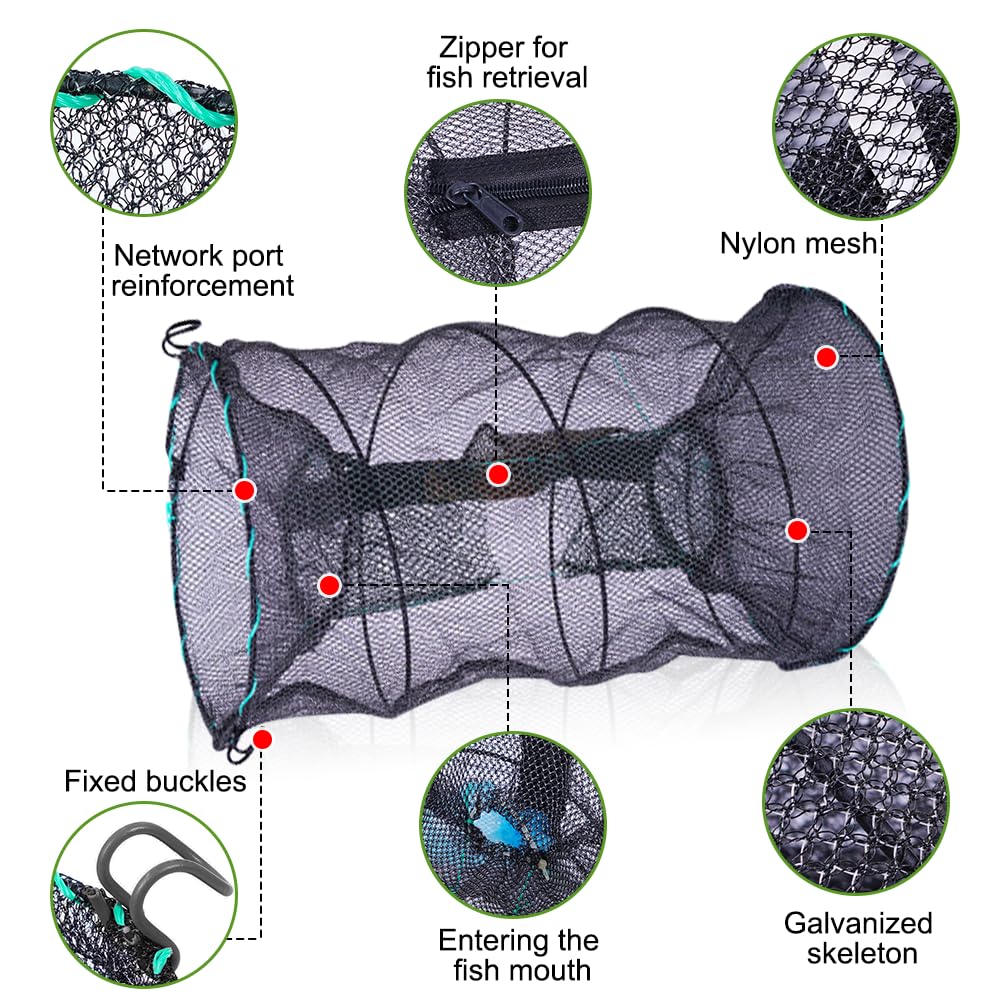 Piège à Poisson Pliable, 3 PCS Piège à Crabe en Nylon 30x60cm, Nasse à Écrevisses avec Fermeture éclair, Portable Casier à Crabes, Ronde Filet de Pêche pour Crabes Crevette Homard Anguille
