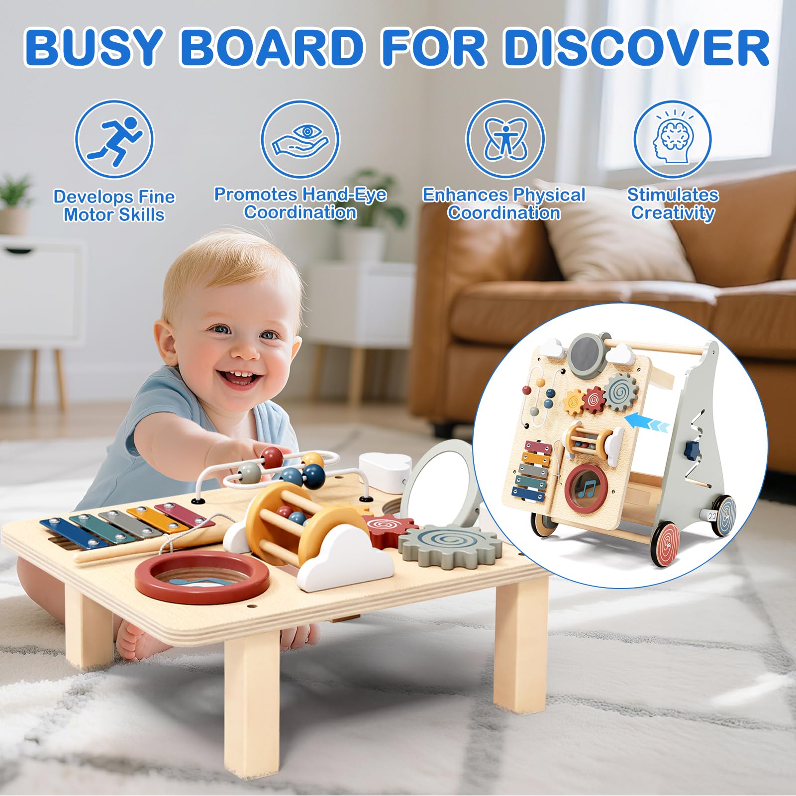 2IN1 Montessori Walker z drewna, zabawka Baby Walker z regulowaną prędkością