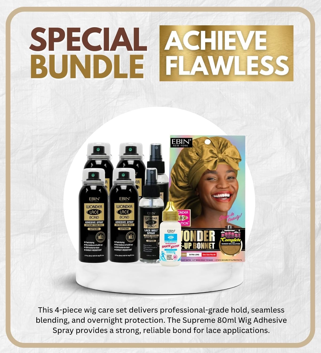 Ebin – 4x WonderLace Bond Wig Adhesive Spray 2.7oz Bundle with 2x LaceMelt Spray Mini 8oz and Sports Edition Adhesive 1.18oz and Satin Tie-Up Bonnet ChampagneGold by EBIN NEW YORK – Gift Set (8 Items)
