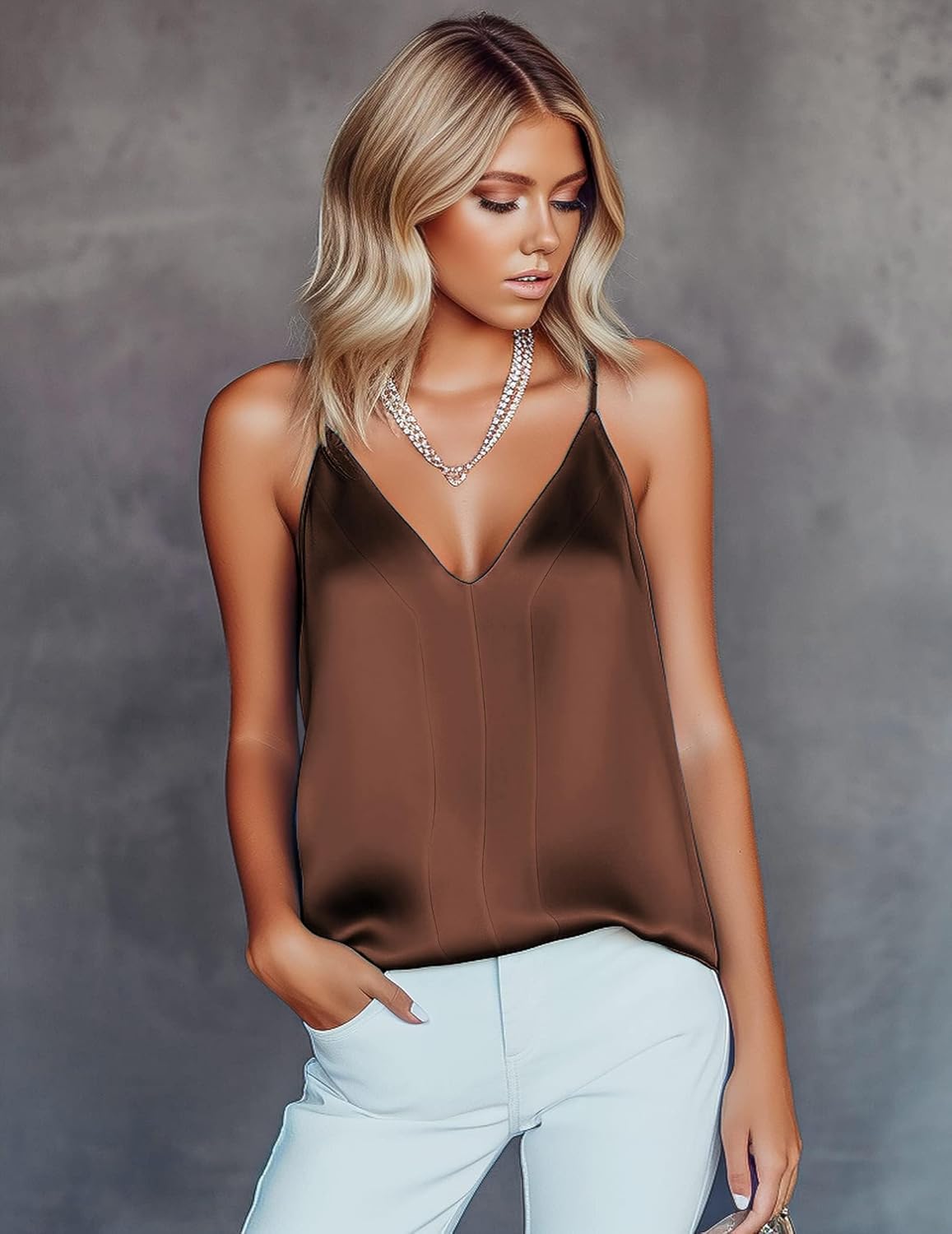 Ekouaer Women's Silk Satin Camisole Tank Tops V Neck Sleeveless Spaghetti Straps Blouse Casual Racerback Shirt - Image 2