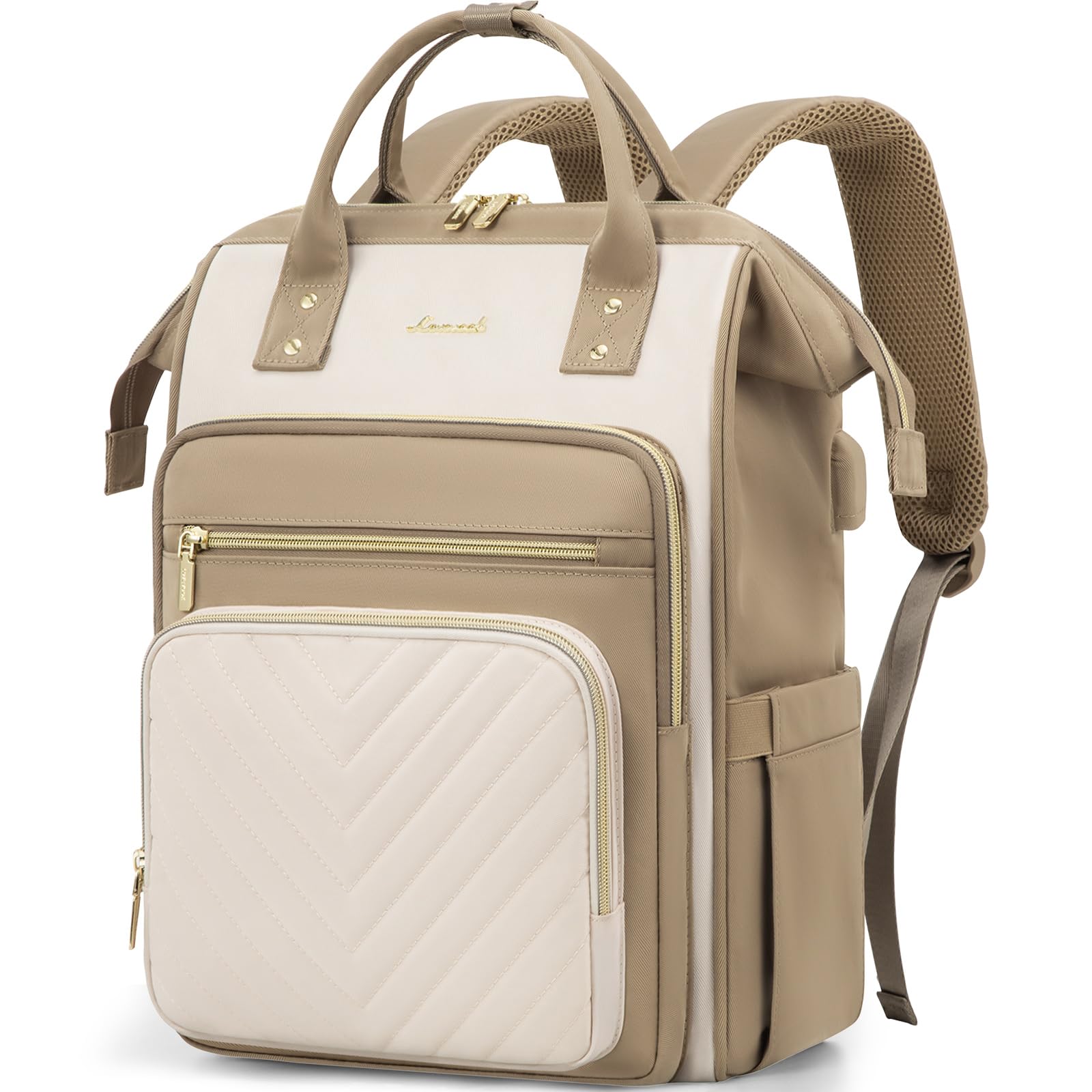 LOVEVOOK Rucksack Damen Groß, 17,3 Zoll Laptop Schulrucksack Mädchen Wasserdicht, Elegant Reiserucksack Tagesrucksäcke Arbeitstasche, Schultasche Lehrertasche Backpack Women für Reise Uni Büro, Beige