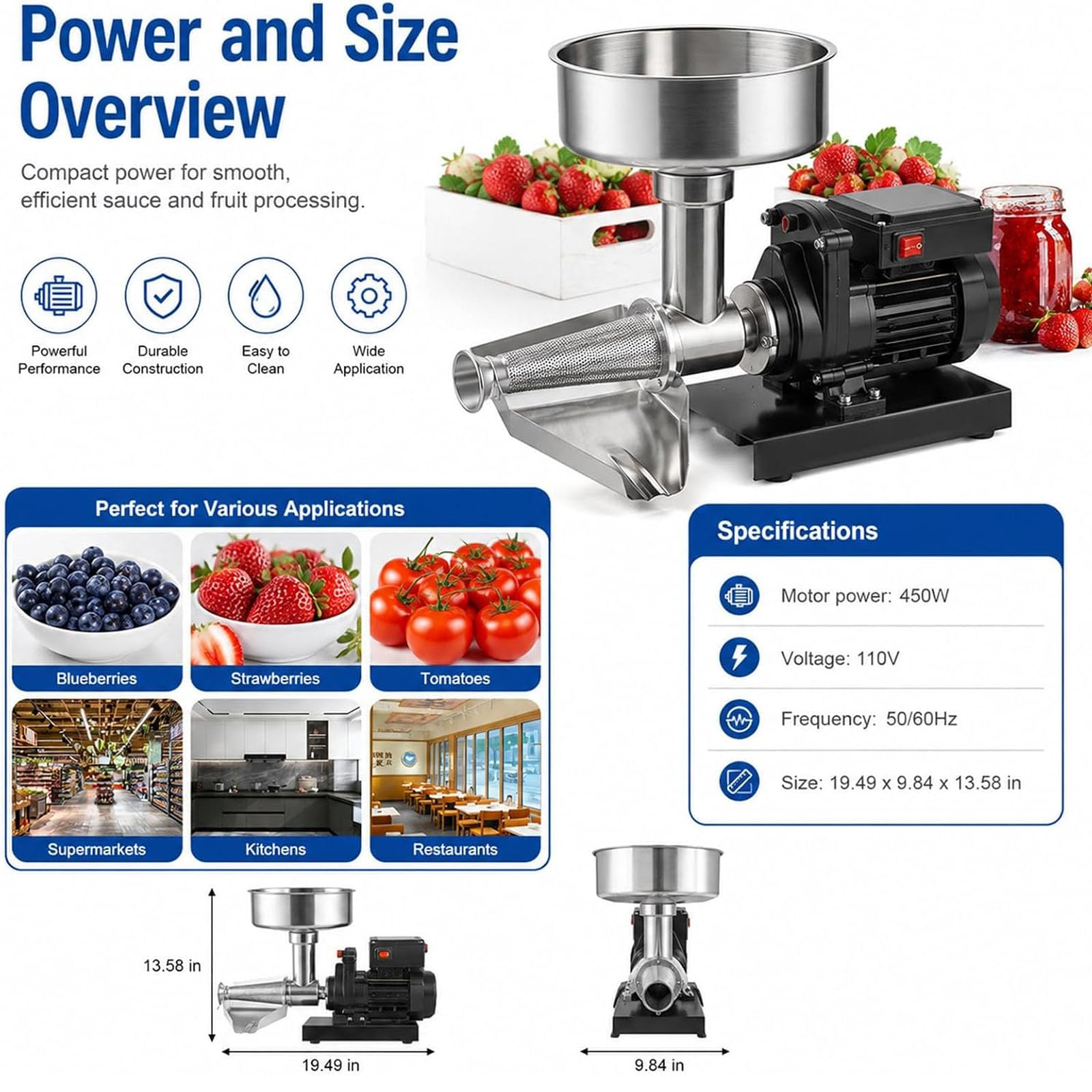 Filtre électrique de tomate, machine de fraisage de tomate Sauce Maker | Presse à tomates et machine à sauce en acier inoxydable commerciale, robuste, pour confiture de myrtille et de fraise