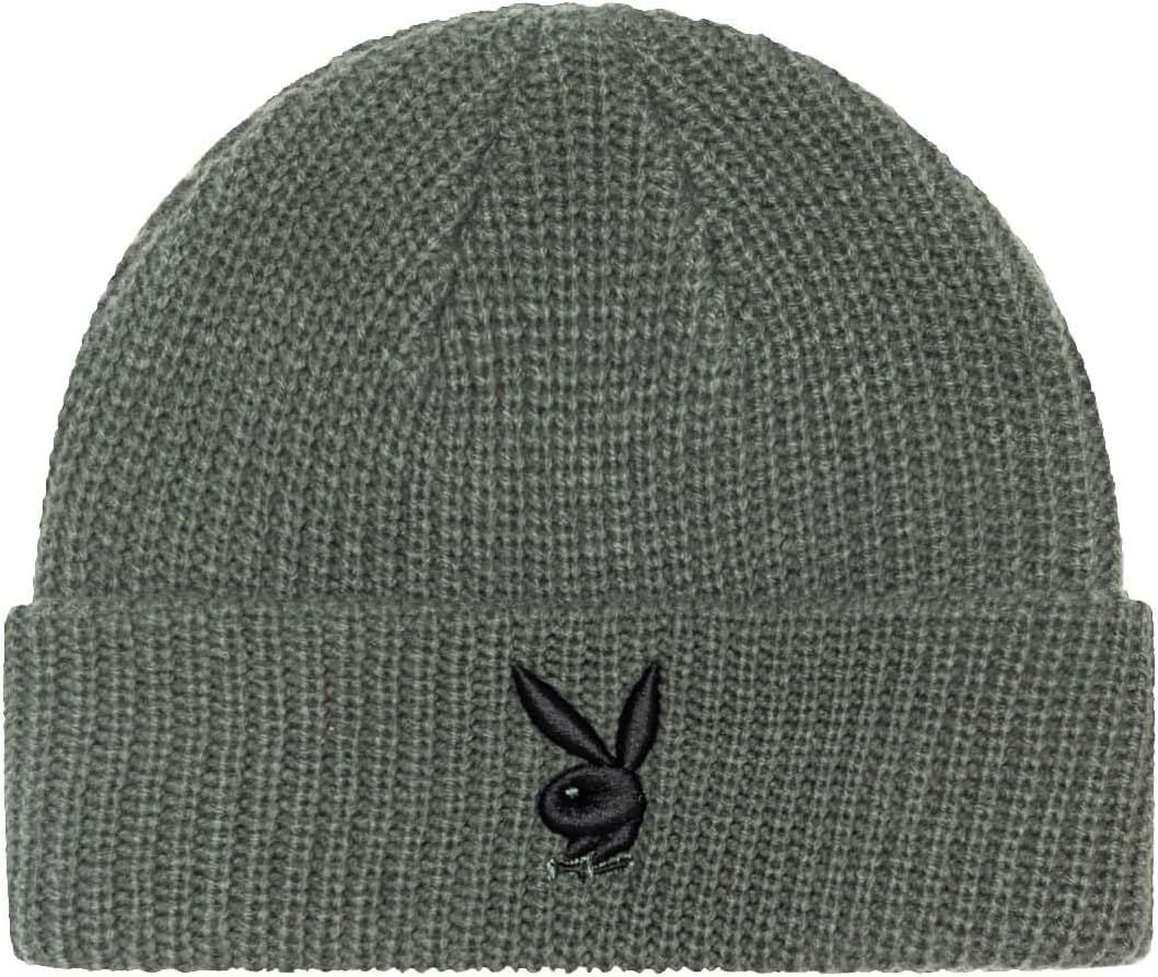 Playboy Classic Cuffed Beanie Black Cotton Knit Hat with Rabbit Head Logo, Unisex Winter Cap One Size Fits All