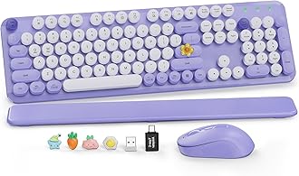 Wireless Keyboard and Mouse Combo, Cute Round Keycaps, Full-Size Retro Typewriter Keyboard with Detachable Wrist Rest, 2.4GHz Cordless Connection for Mac/Windows/PC/Laptop (Purple-Colorful)
