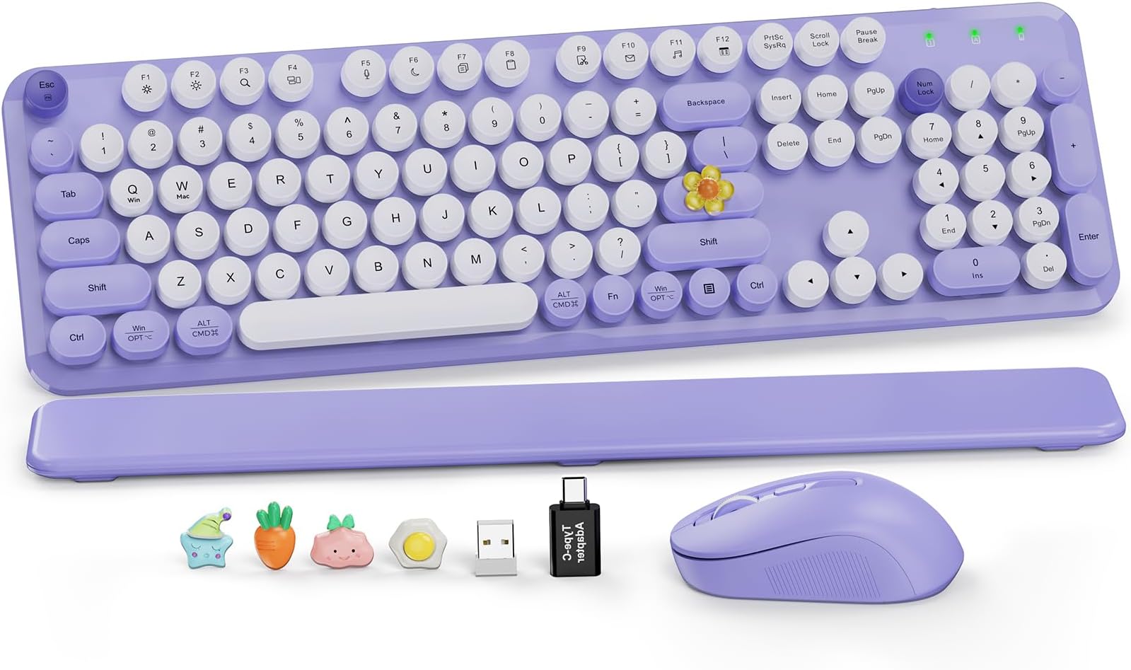 Wireless Keyboard and Mouse Combo, Cute Round Keycaps, Full-Size Retro Typewriter Keyboard with Detachable Wrist Rest, 2.4GHz Cordless Connection for Mac/Windows/PC/Laptop (Purple-Colorful)
