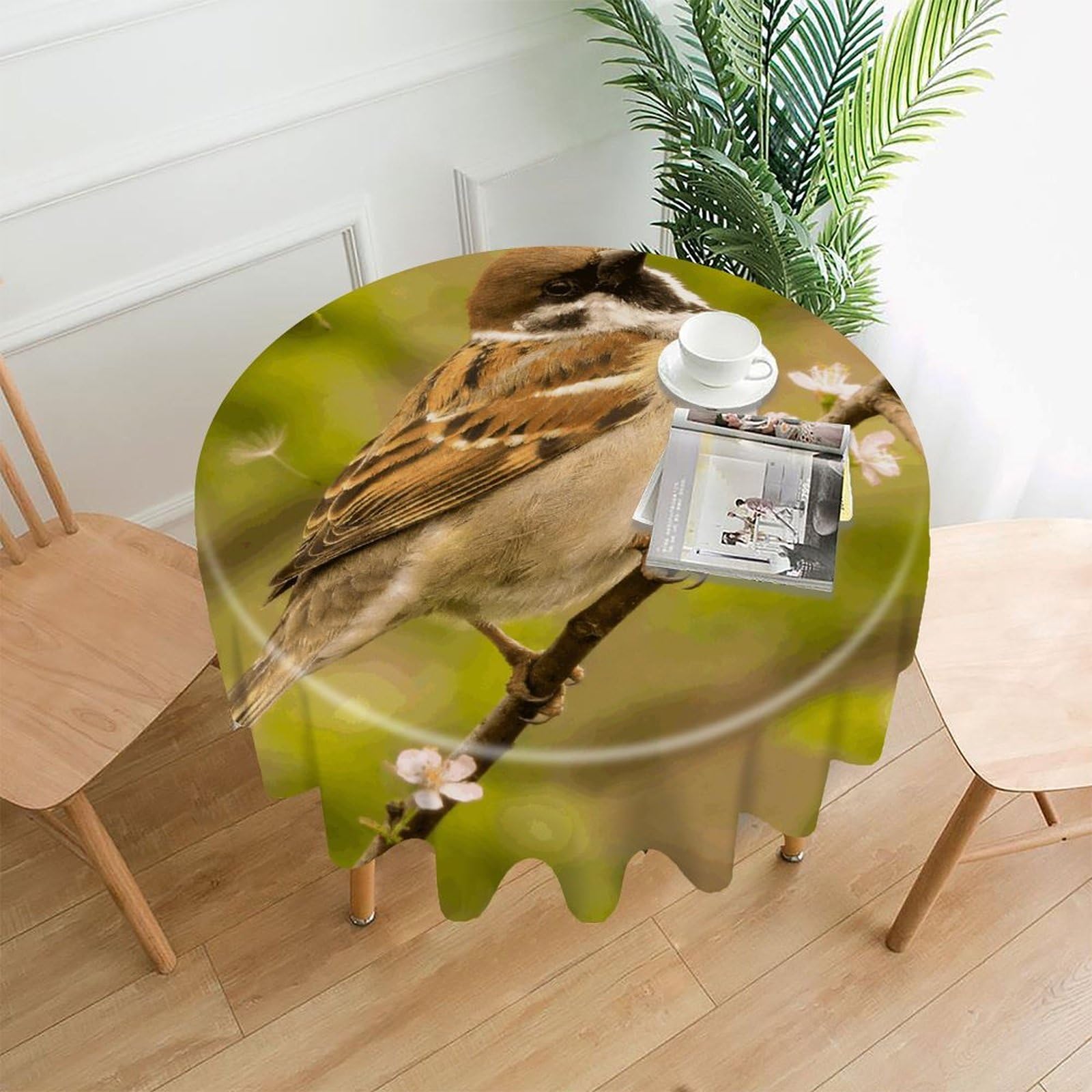 LZQPOEAS Little Bird Tablecloth Easy to Clean Polyester Round Table Cover Washable Round Table Cloth Wrinkle-Free Circle Decoration Tablecloth for Kitchen and Dining Room 60"