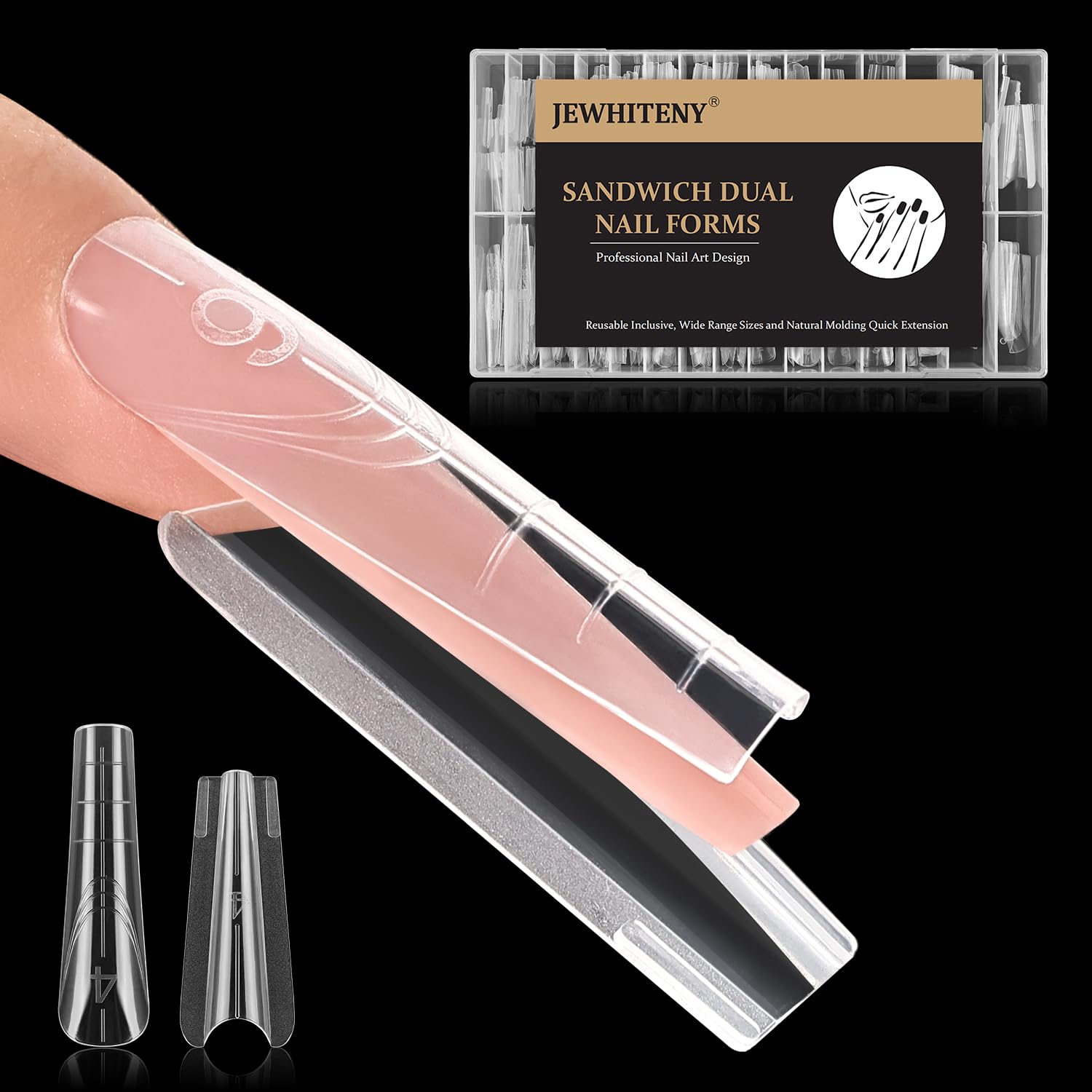 JEWHITENY 280 PCS Sandwich Nails Dual Forms:Long Coffin Reusable Nail Forms w...