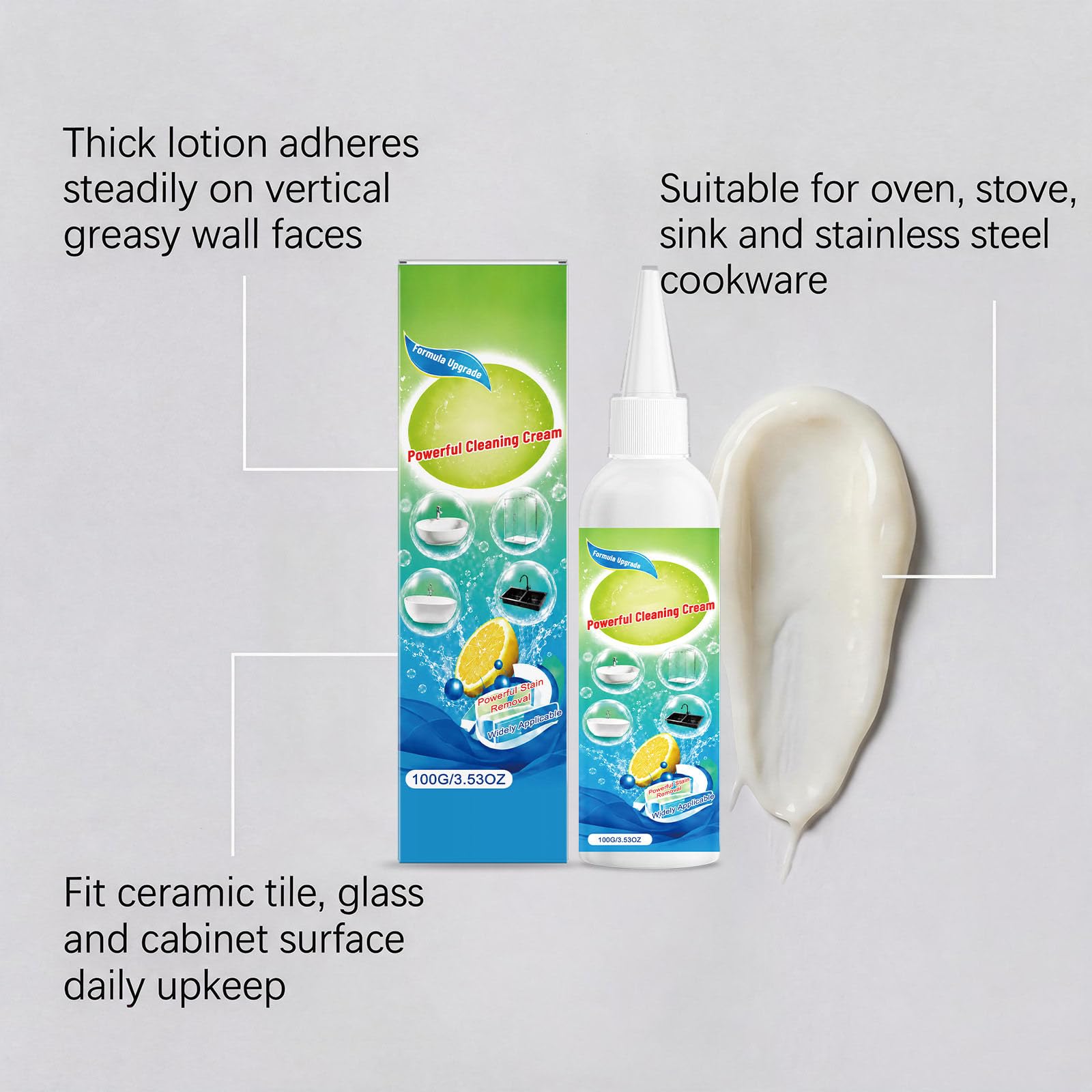 Limpiador de cocina y desengrasante para cocina, horno, campana extractora y freidora de aire caliente, crema limpiadora altamente eficaz para eliminar manchas de aceite en diferentes superficies, 100