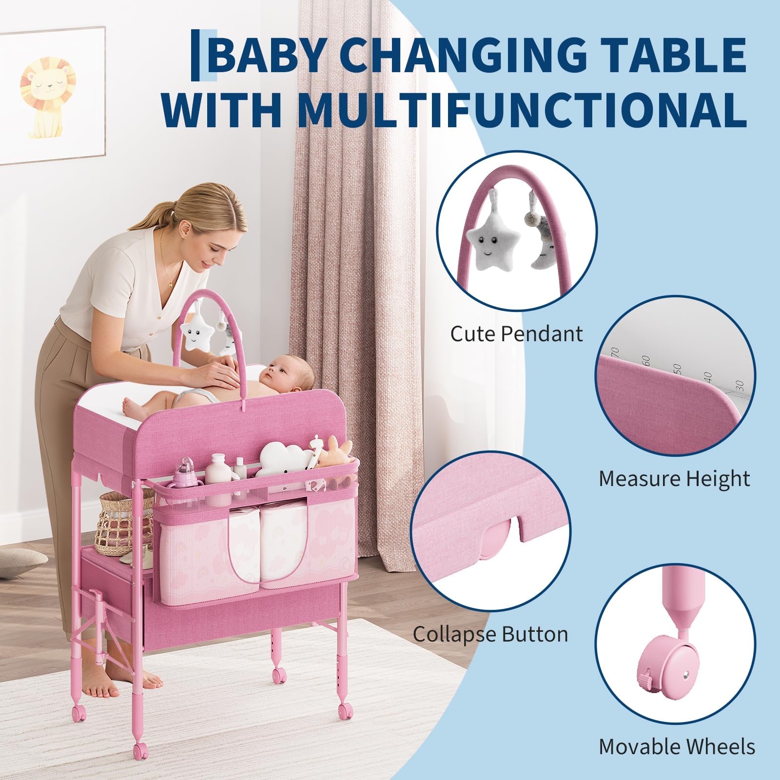 Cambiador portátil y plegable, estación cambiador plegable portátil, altura ajustable, colchón impermeable, cajones de almacenamiento para recién nacidos y bebés, rosa