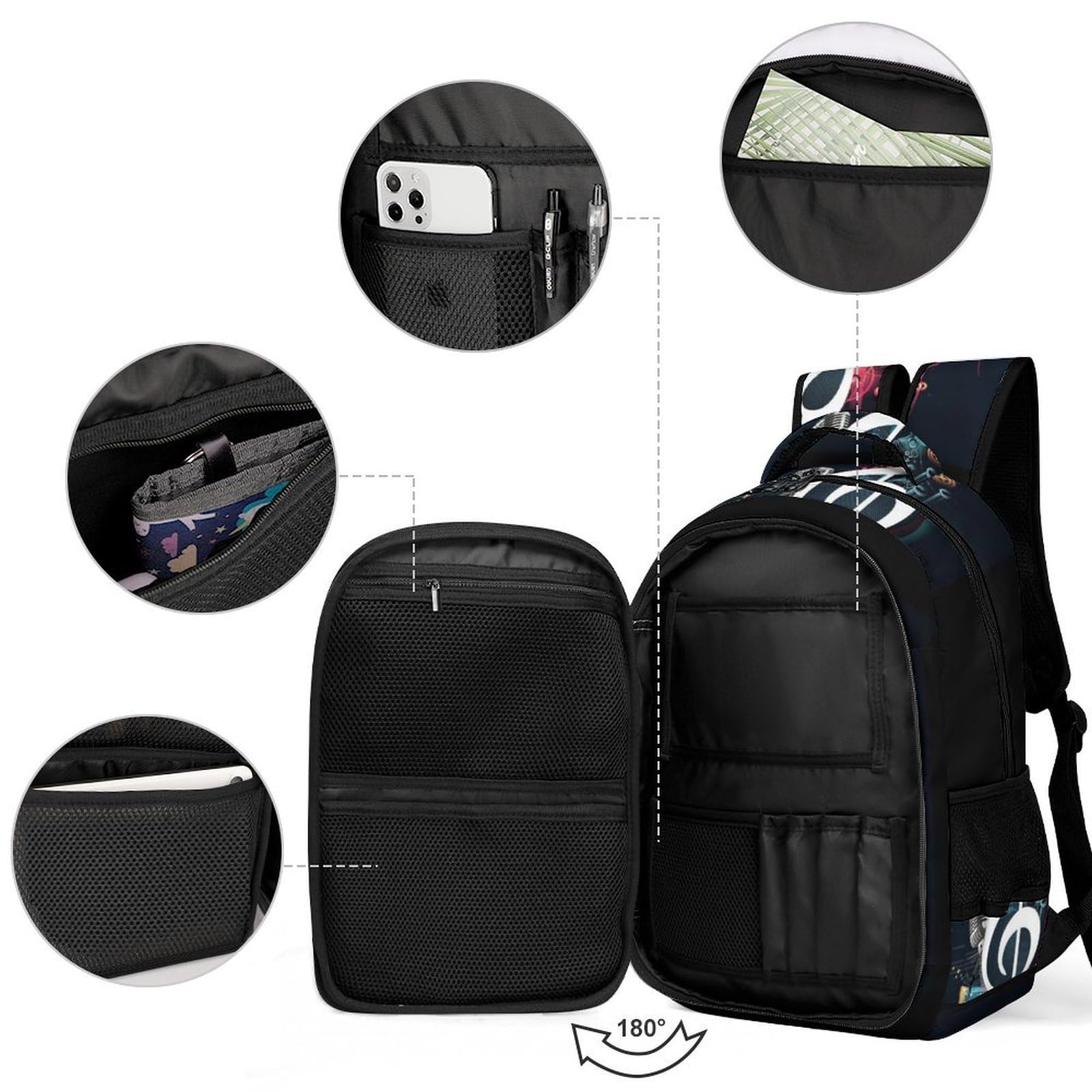 Tagesrucksack, brauner Rindsleder, Rucksack mit Taschen für Wandern, Camping, Reisen, Musiknoten, One Size