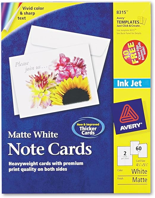 Avery 8315 Note Cards for Inkjet Printers, w/Envelopes, 4 1/4 x 5 1/2, Matte White, 60 Cards/Box