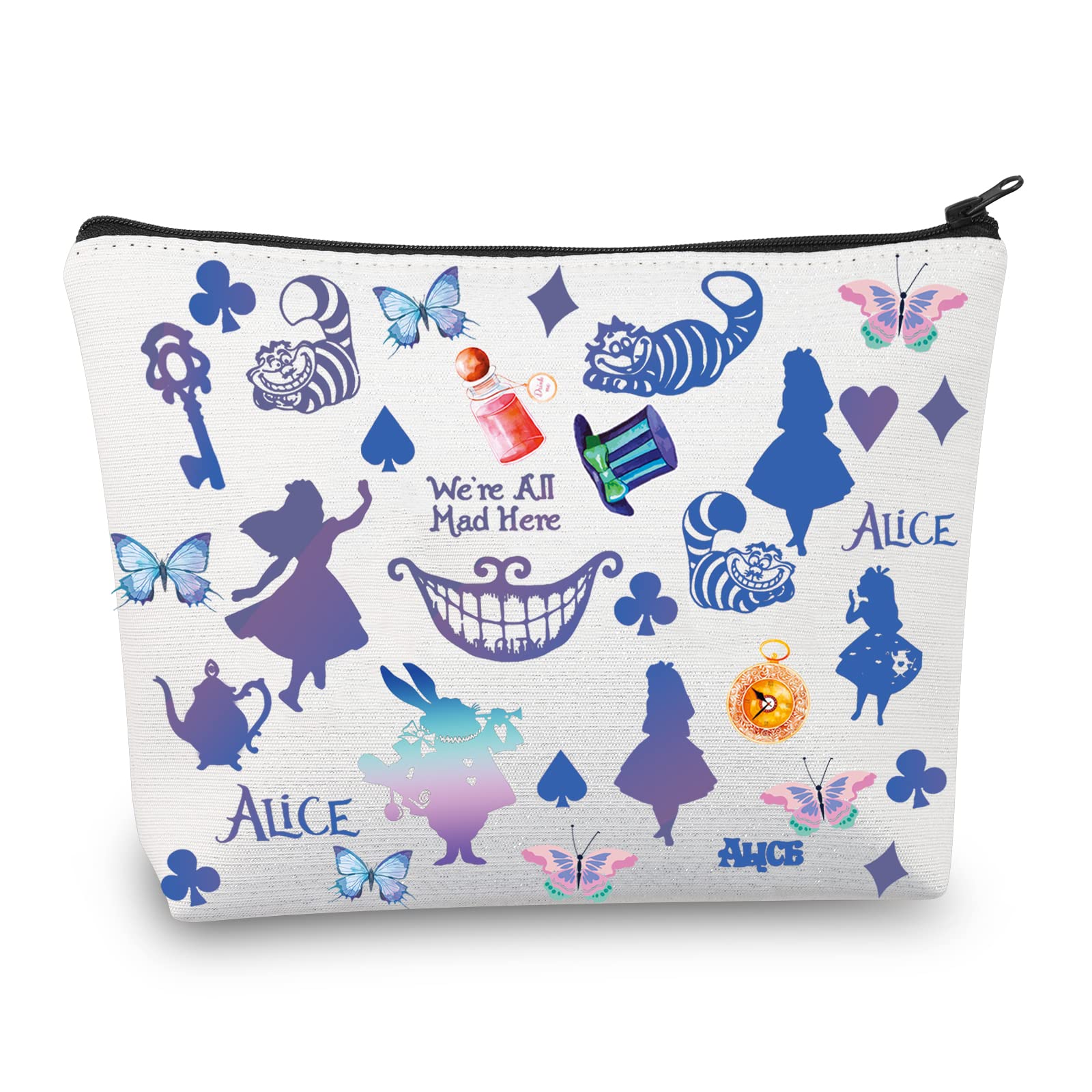We are All Mad Here Alice Gift Makeup Bag Smiling Cat Wonderland Quote Cosmetic Bag Alice Fairy Tales Gifts (Mad Here Bag White)