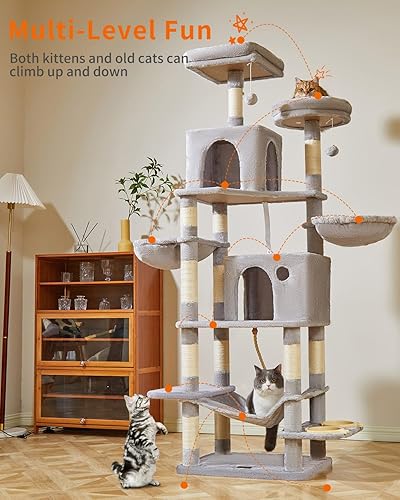 Miniatura 10 de Taoqimiao Torre de gato de 76 pulgadas para gatos de interior, condominio de felpa de varios niveles para gatos con 12 postes rascadores, 2 perchas,