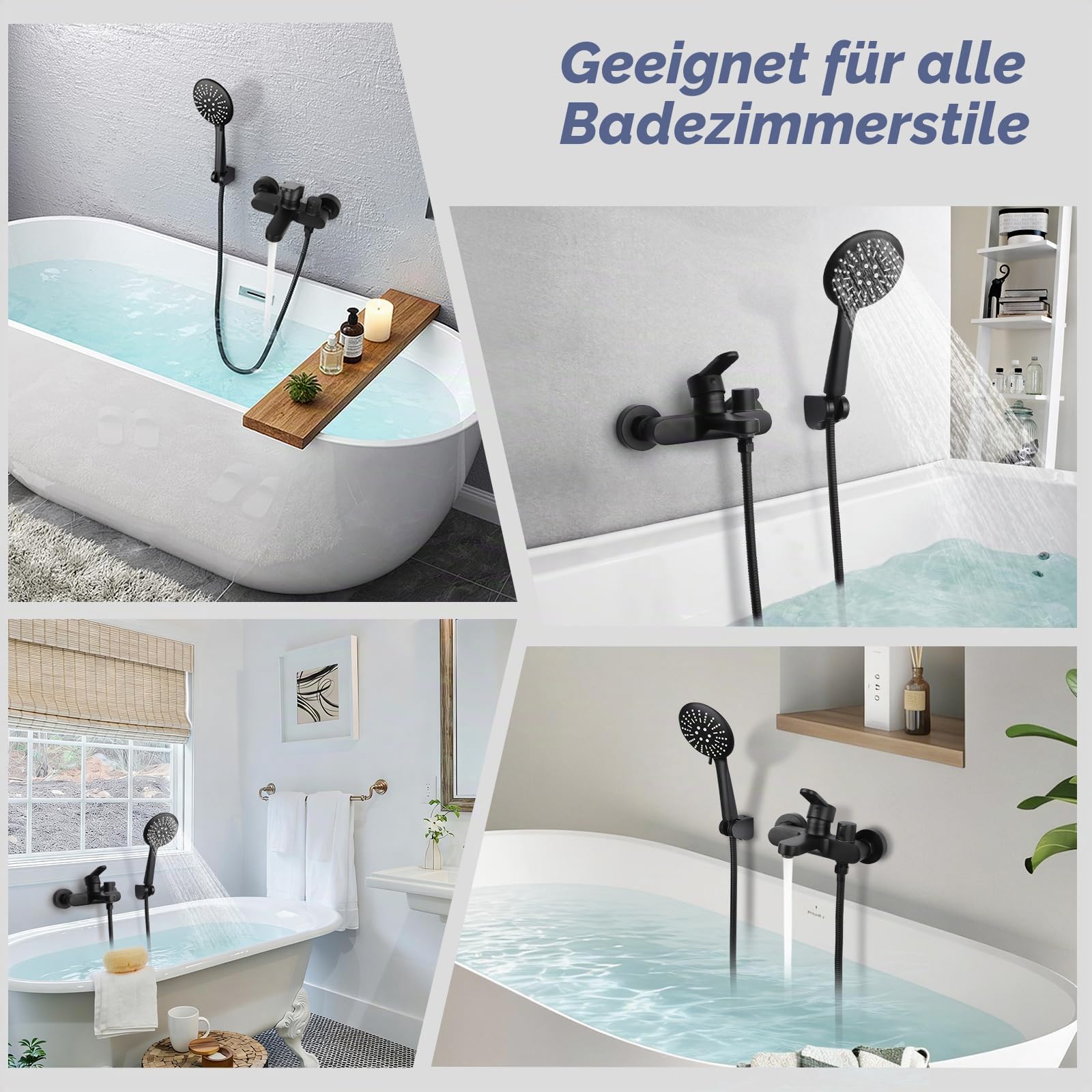 BONADE Badewannenarmatur mit Handbrause, Badewannenarmatur Schwarz Wannenarmatur, Aufputz Wasserhahn Badewanne Armatur, Duscharmatur mit Duschkopf 3 Funktionen, Wannenbatterie Dusche Set für Bad