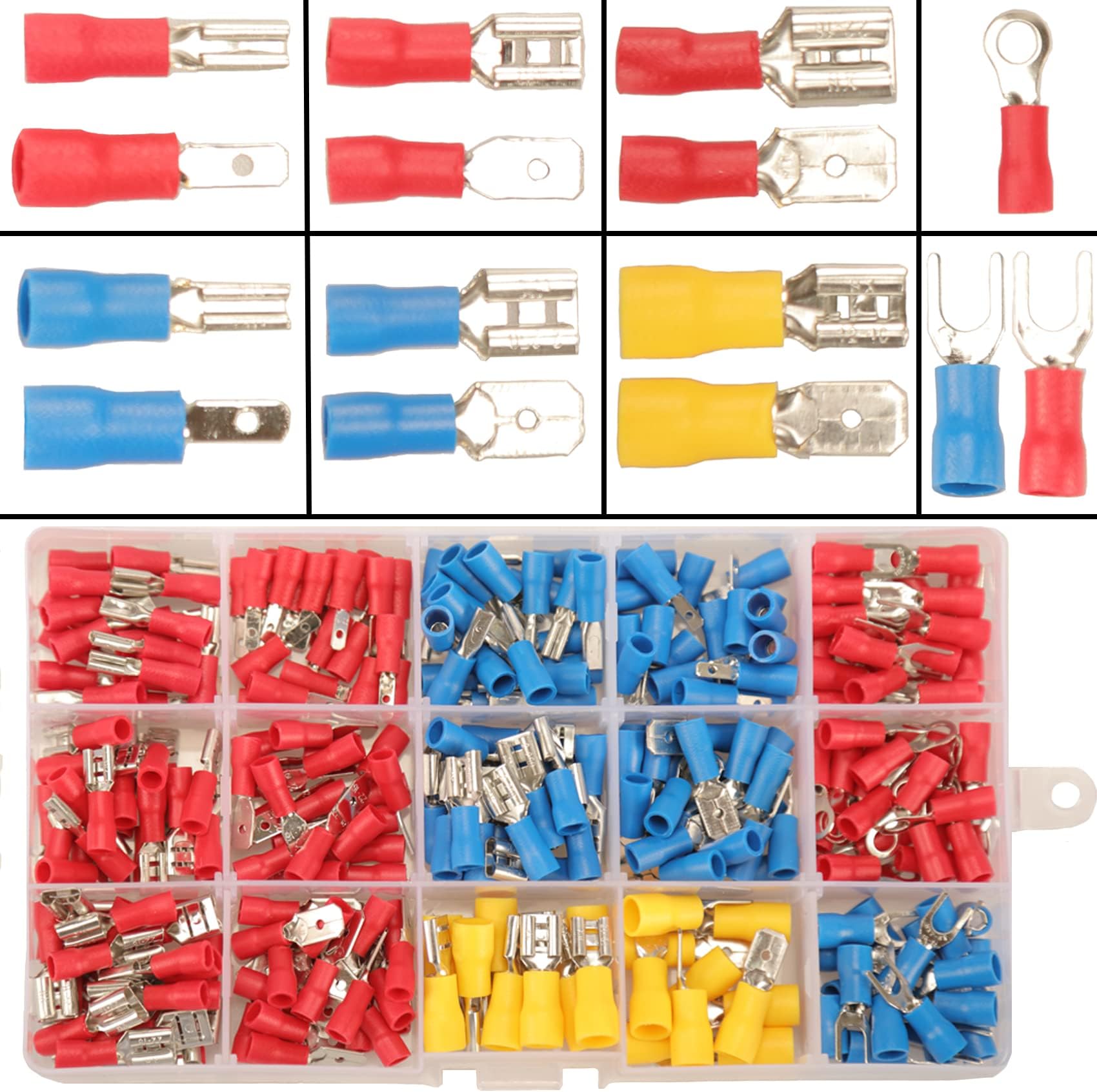 Feggizuli 280PCS Crimp Connectors, 2.8mm 4.8mm 6.3mm Male and Female Spade Connector kit, 15 Types Crimp Terminals Electrical Connectors, Electrical Terminals Includes Spade Ring Fork Wire Connectors