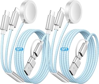 Temdan 2Pack for Apple Watch Charger, 3 in 2 Multi Charging Cable, iPhone Charger, USB A/Type C/Lightning Cable, Portable Travel Essentials Designed for iWatch Ultra/SE/10-1 & iPhone 16-12/ iPad-5Ft