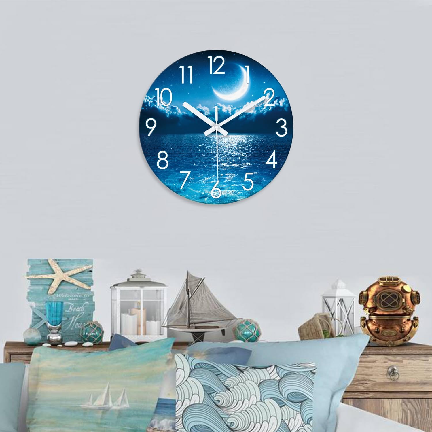 XFM Blue Moon Wall Clock Silent Non-Ticking Battery Operated Clock 20 Inch Large Round Night Ocean View Decorative Clock for Living Room Kitchen Bedroom Office