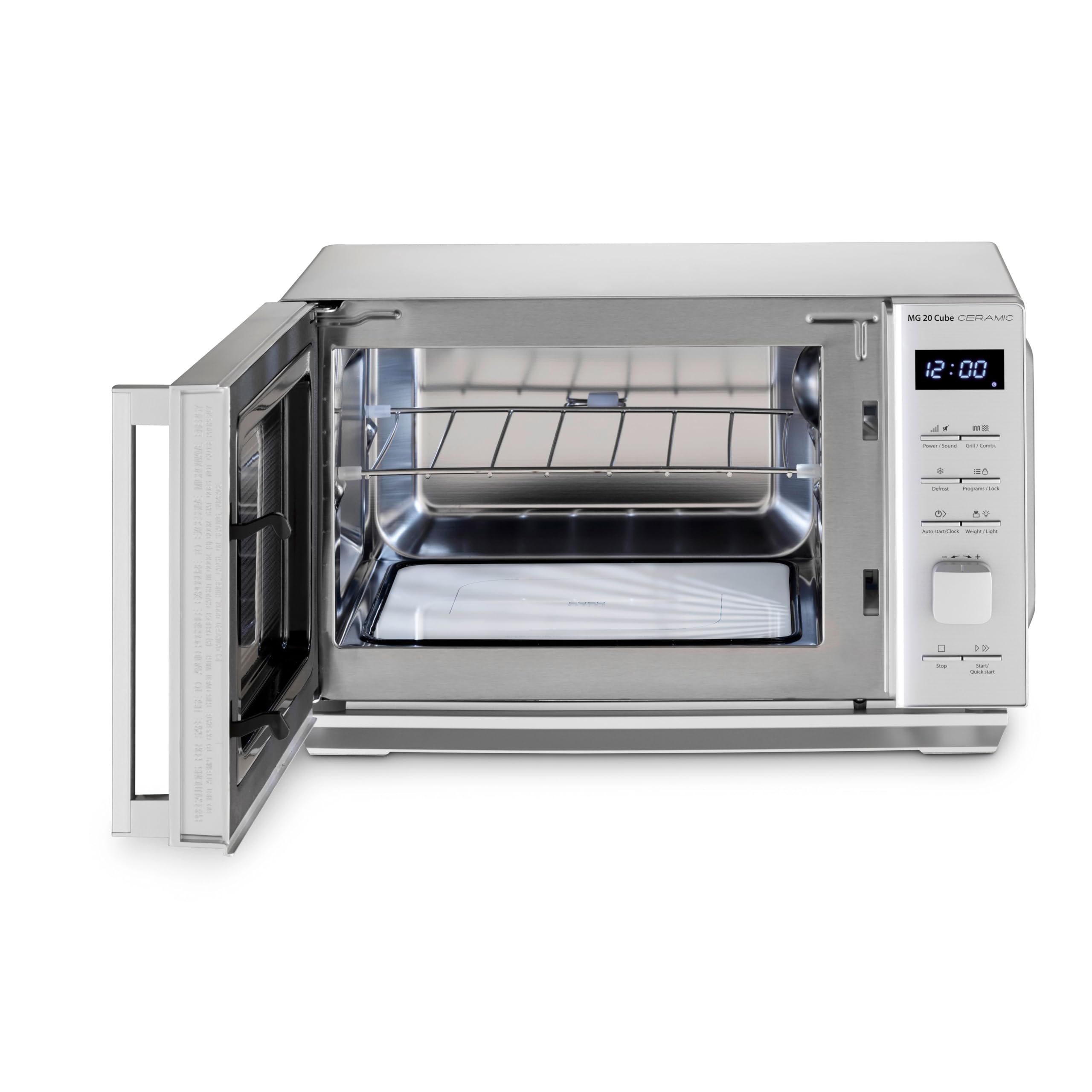 CASO MG 20 Cube Ceramic - Microondas 2 en 1 sin plato giratorio con grill de 1000W - Capacidad de 20L - 13 programas automáticos - con bloqueo para niños - Caso CUBE Controller - plateado