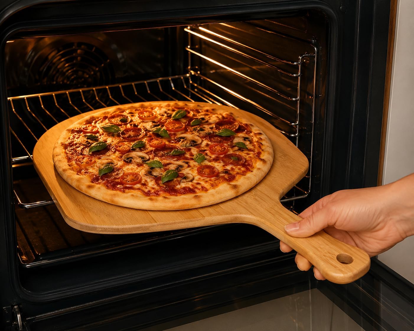Wooden Pizza Peel, Bamboo Pizza Paddle Handle, 17.13 x 11.61 Inch Wood Pizza Peel for Baking, Serving & Cutting Pizza, Bread & Pastries, Wooden Pizza Board, Durable Design for Kitchen and Oven Use