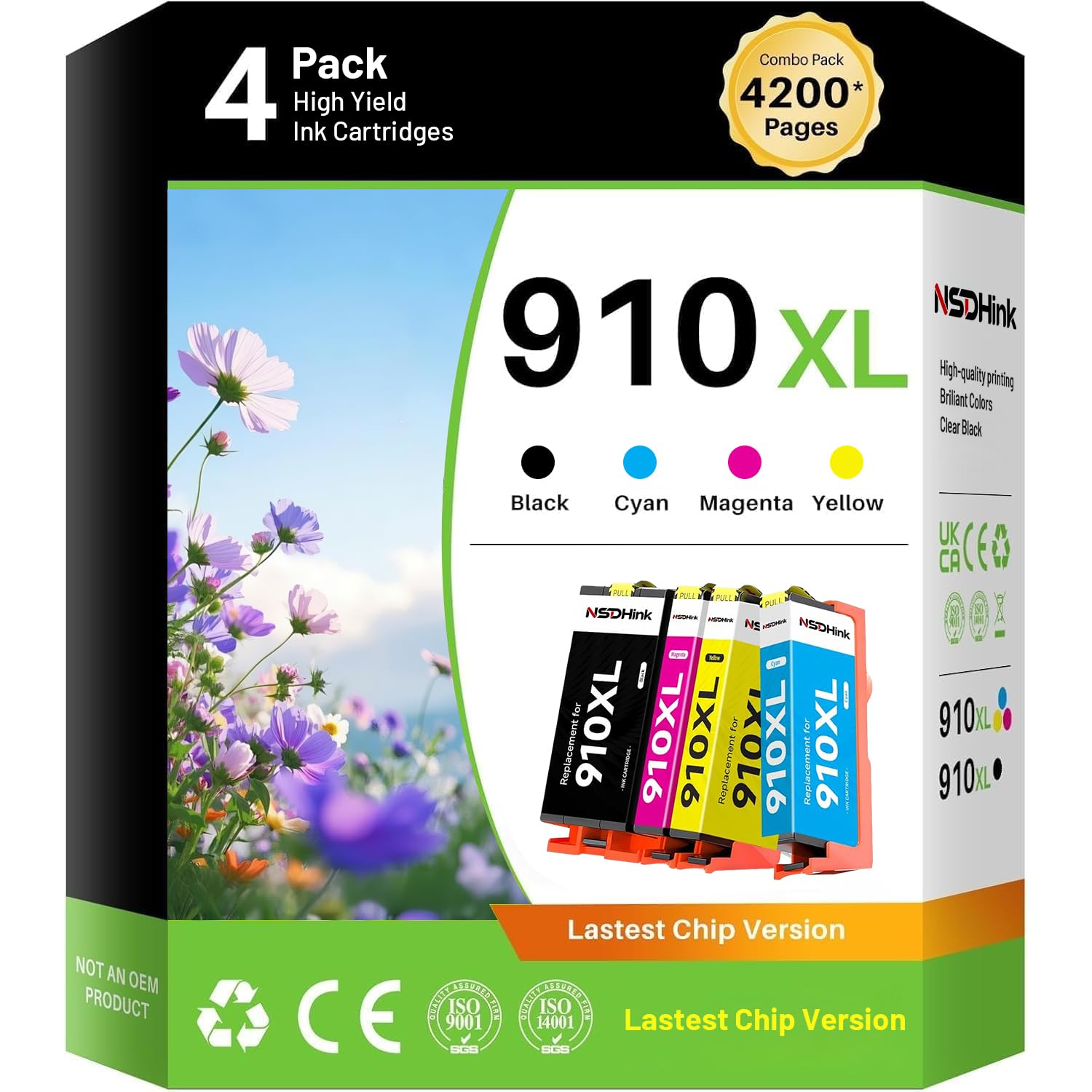 Photo 1 of NSDHink Remanufactured 910XL Ink Cartridges (With Chip) Replacement for HP Ink 910XL HP910 HP910XL 910 Work for Office Jet Pro 8010 8010e 8015e 8020 8020e 8022e 8025 8025e 8028e 8030 8035e Ink, 4-Pack